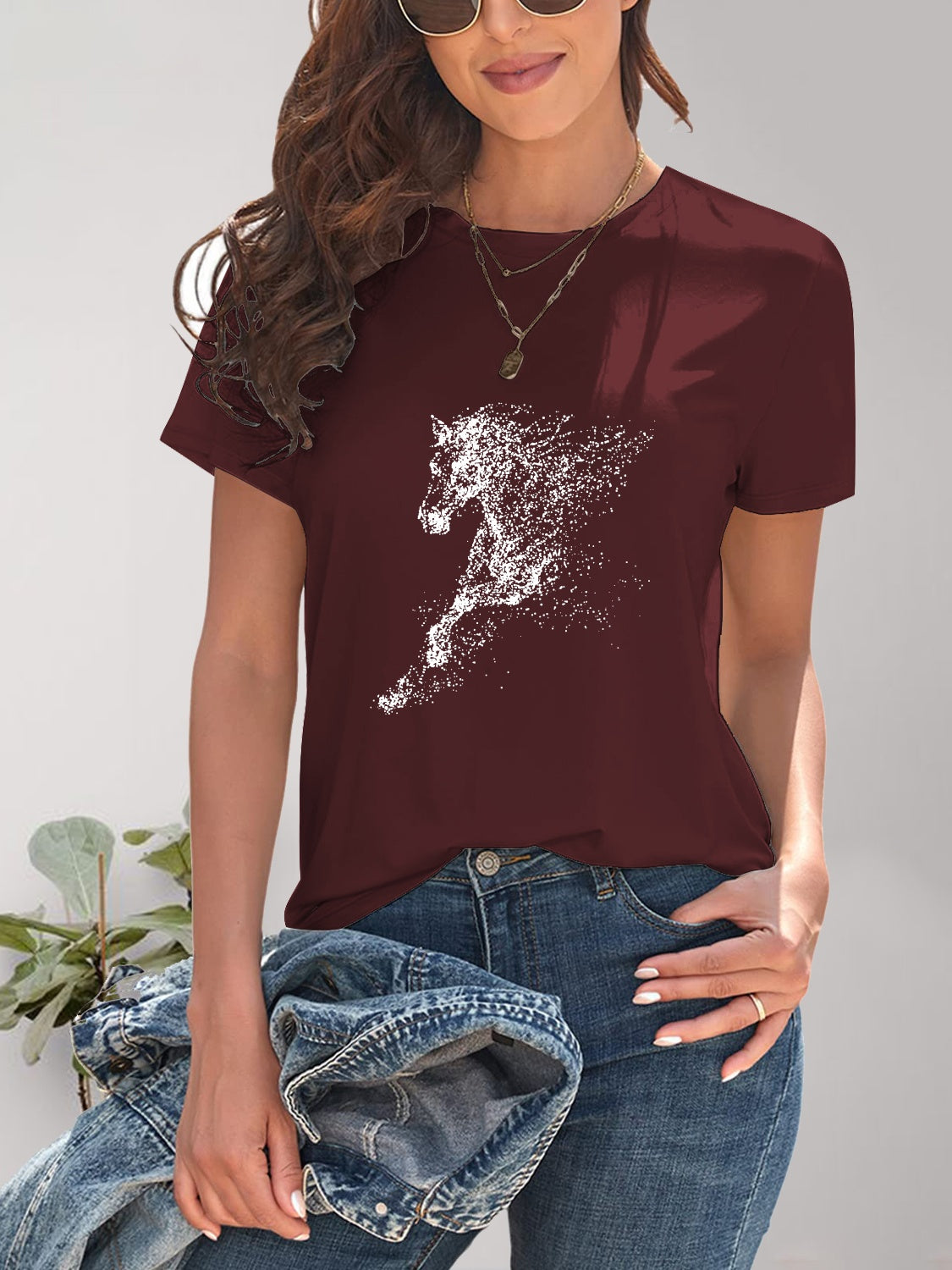 Horse Round Neck Short Sleeve T-Shirt-Angel Casuals