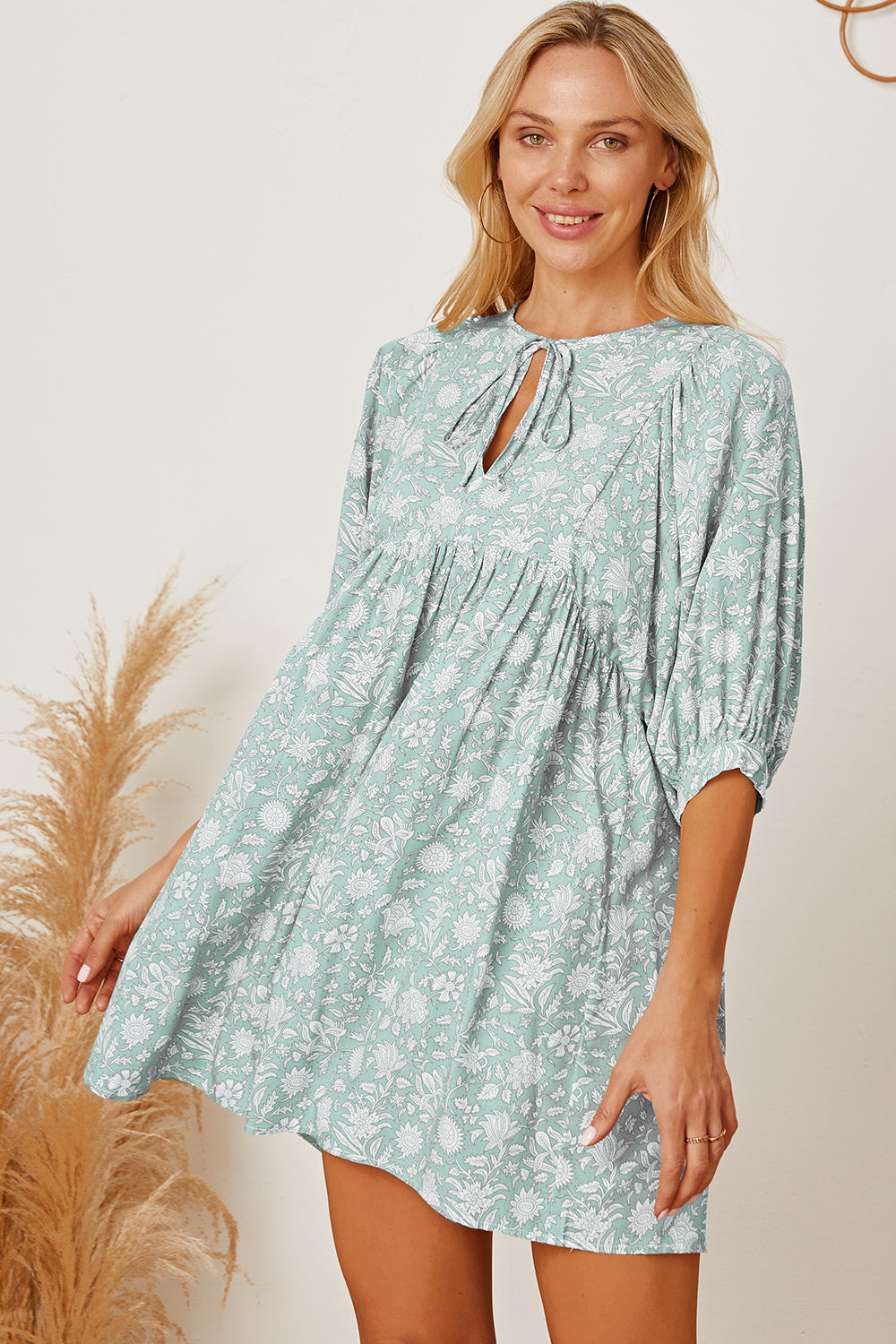 Floral Tie Neck Ruched Babydoll Dress-Angel Casuals