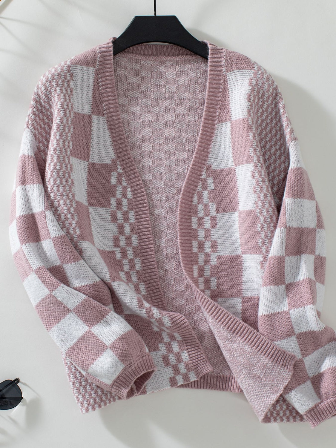 Double Take Checkered Open Front Dropped Shoulder Cardigan-Angel Casuals