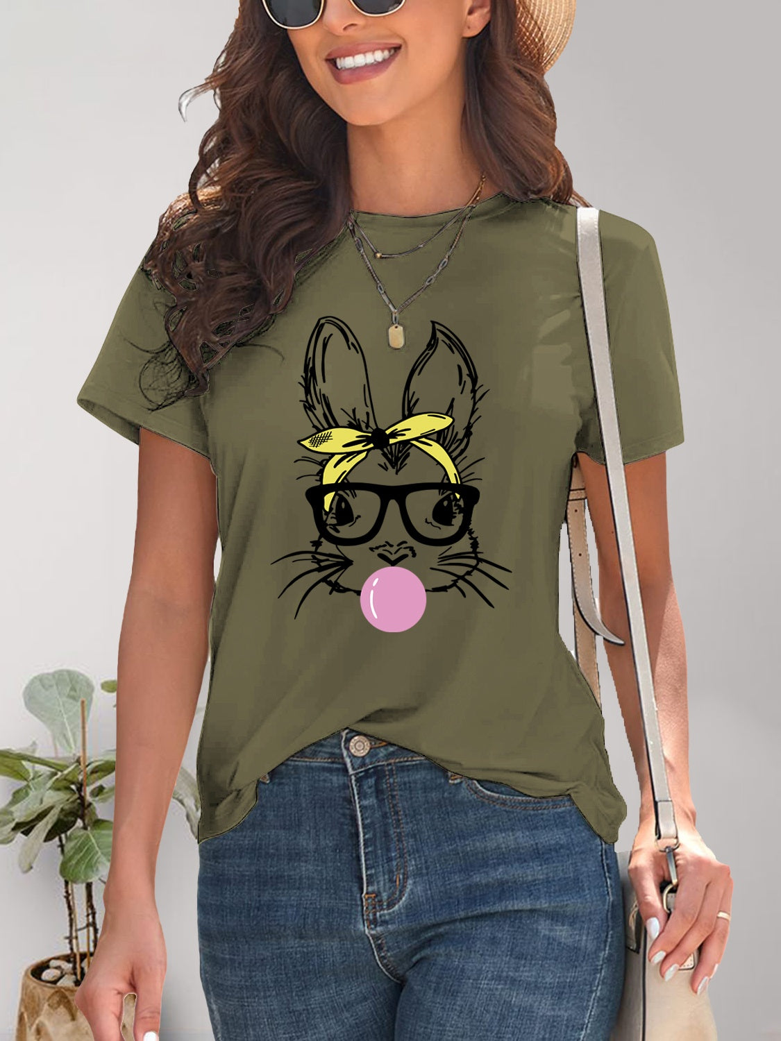 Rabbit Graphic Round Neck Short Sleeve T-Shirt-Angel Casuals
