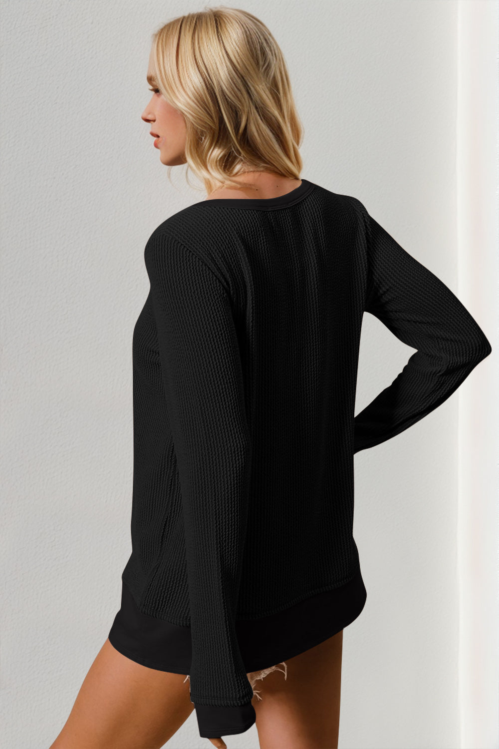 Double Take Corded Rib Thumbhole Cuff Round Neck T-Shirt-Angel Casuals