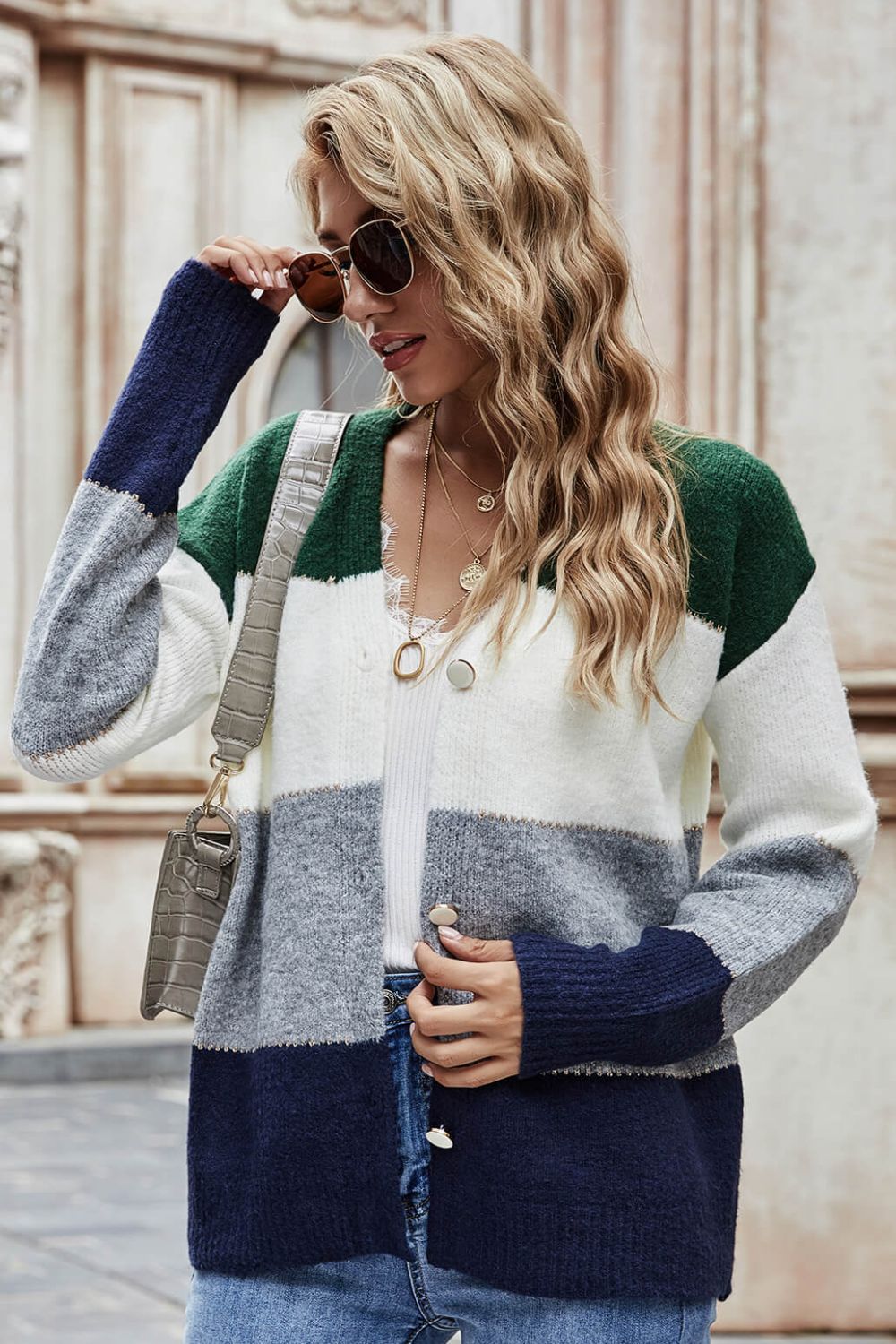 Woven Right Color Block V-Neck Button Down Cardigan-Angel Casuals
