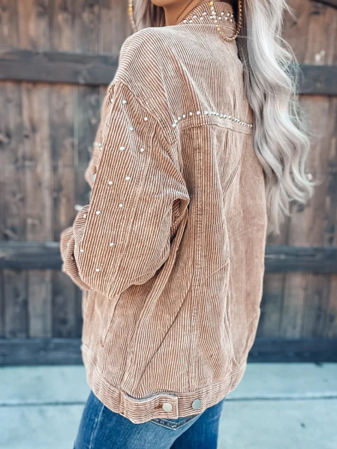 Studded Collared Neck Button Down Jacket-Angel Casuals