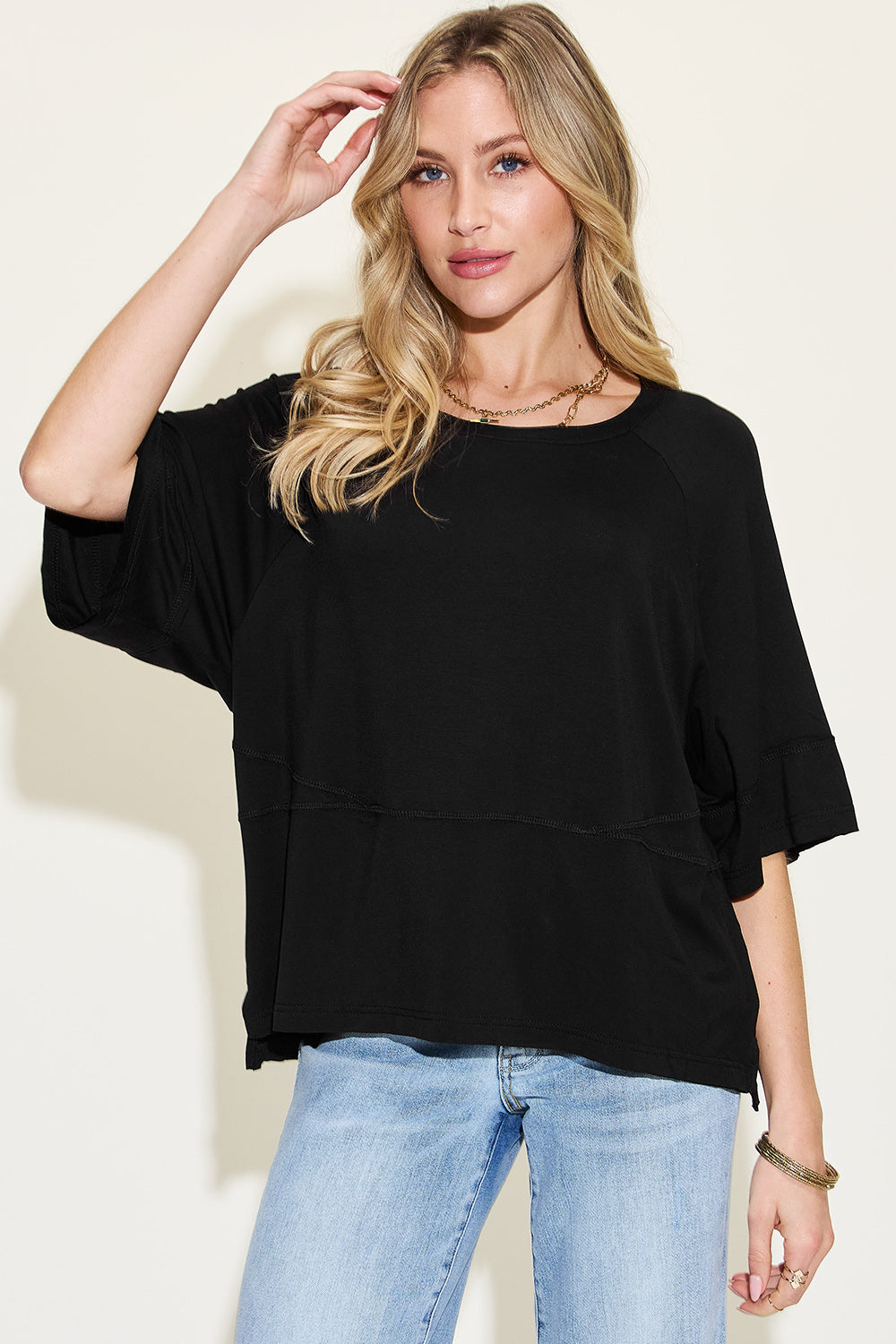 Basic Bae Full Size Bamboo Round Neck Exposed Seam T-Shirt-Angel Casuals