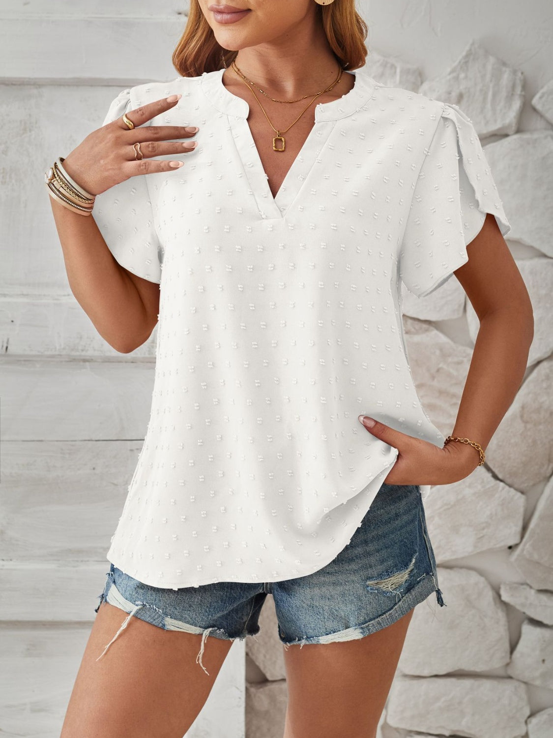 Swiss Dot Notched Petal Sleeve T-Shirt-Angel Casuals
