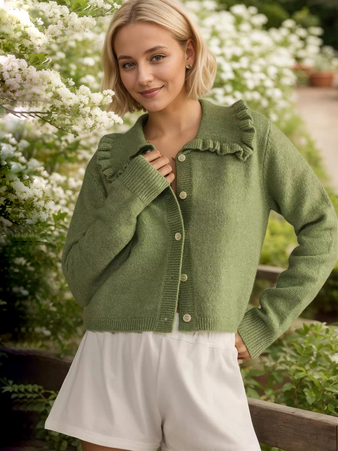 Frill Button Up Collared Neck Long Sleeve Cardigan-Angel Casuals