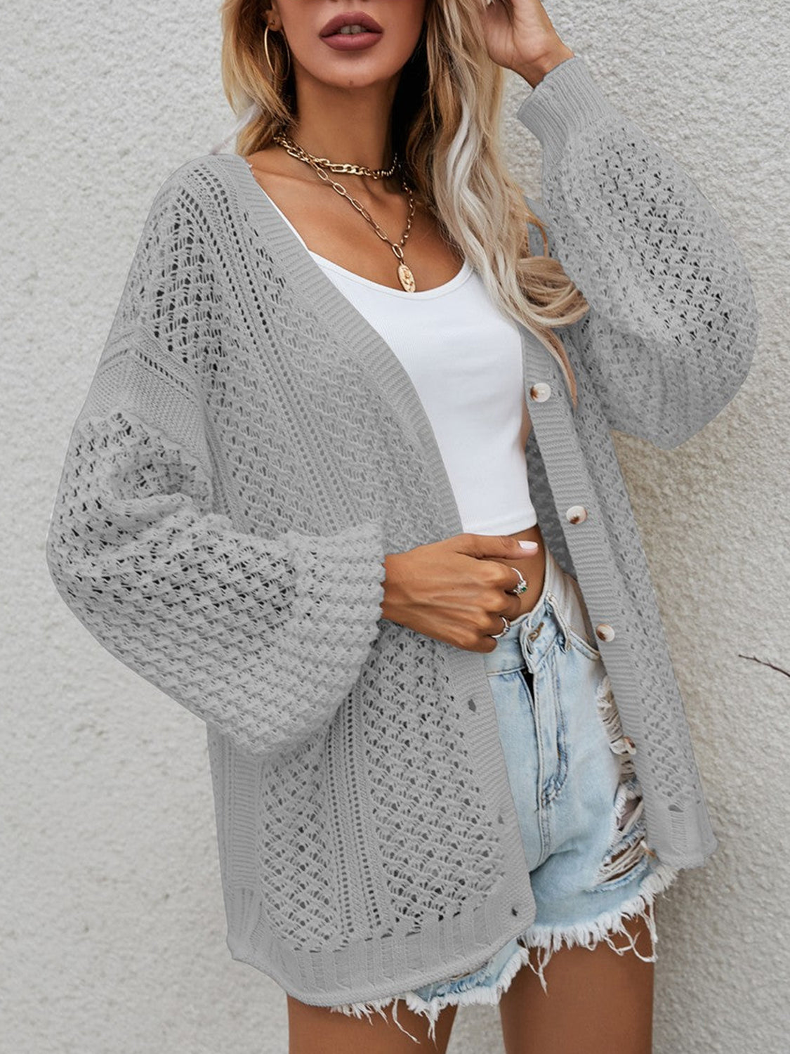Openwork Button Front Cardigan-Angel Casuals