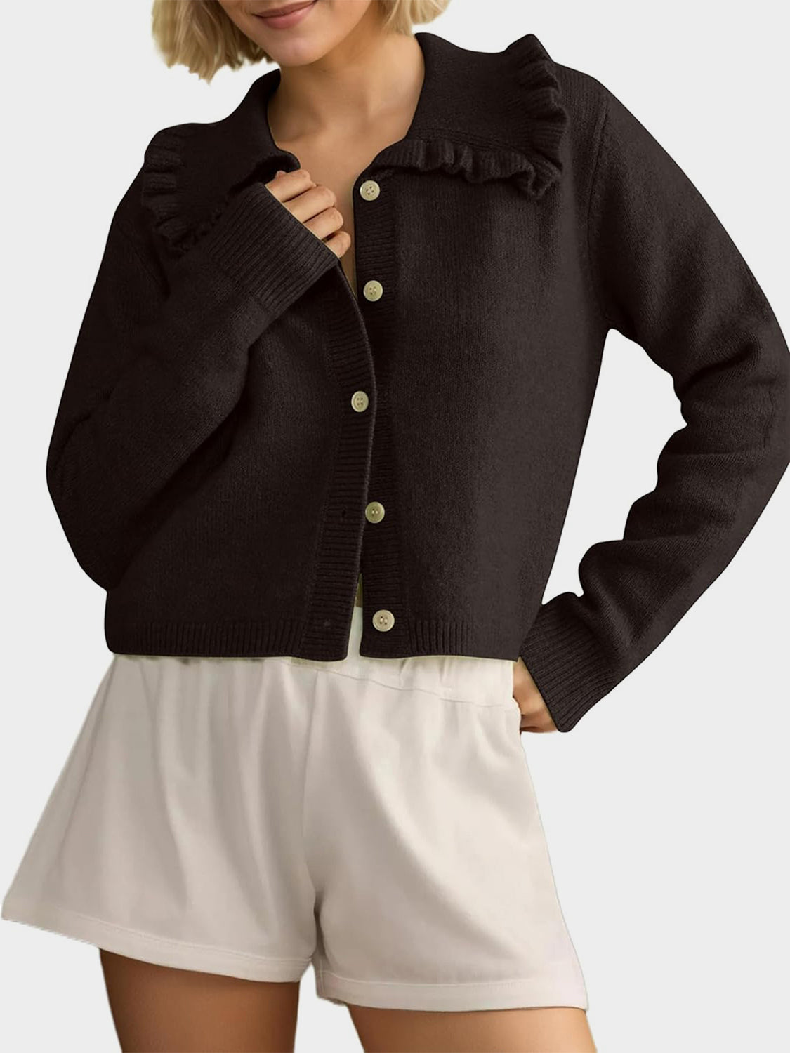 Frill Button Up Collared Neck Long Sleeve Cardigan-Angel Casuals