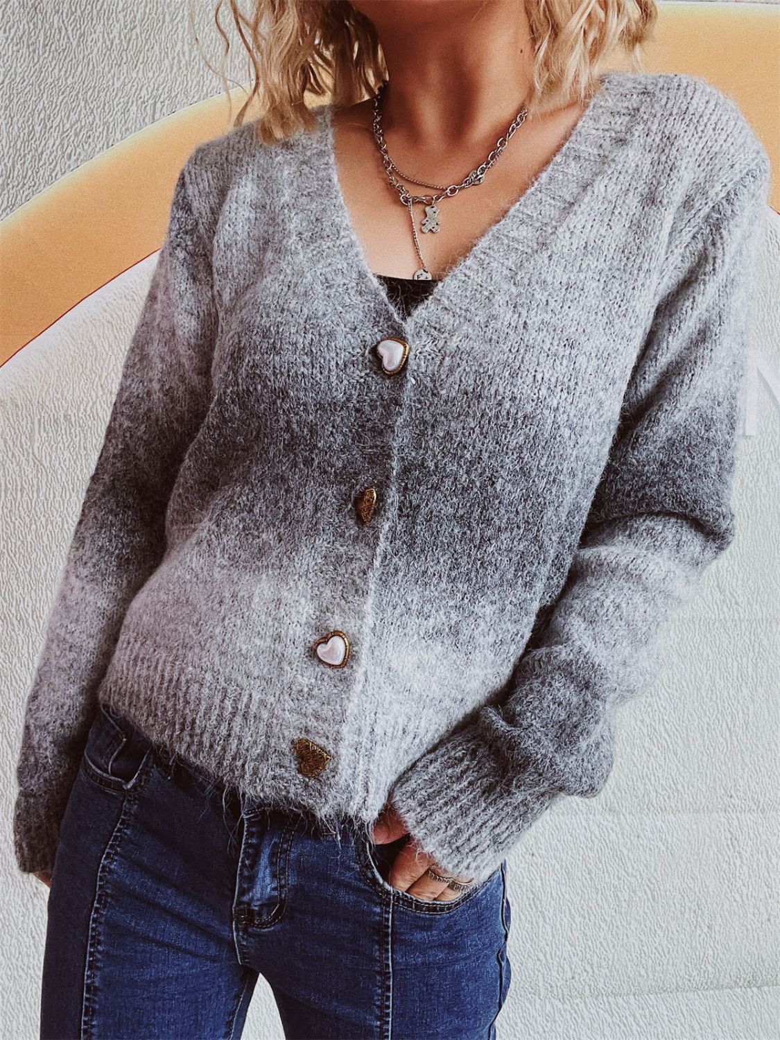Gradient Heart Shape Button V-Neck Cardigan-Angel Casuals