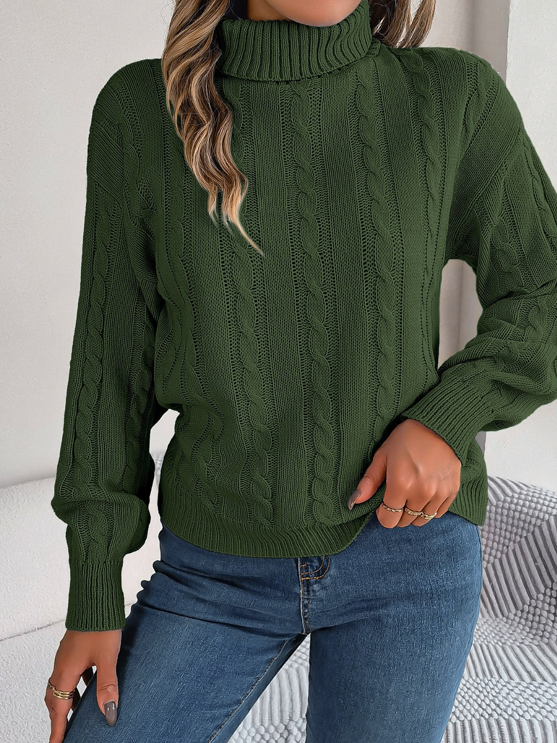 Cable-Knit Turtleneck Dropped Shoulder Sweater-Angel Casuals