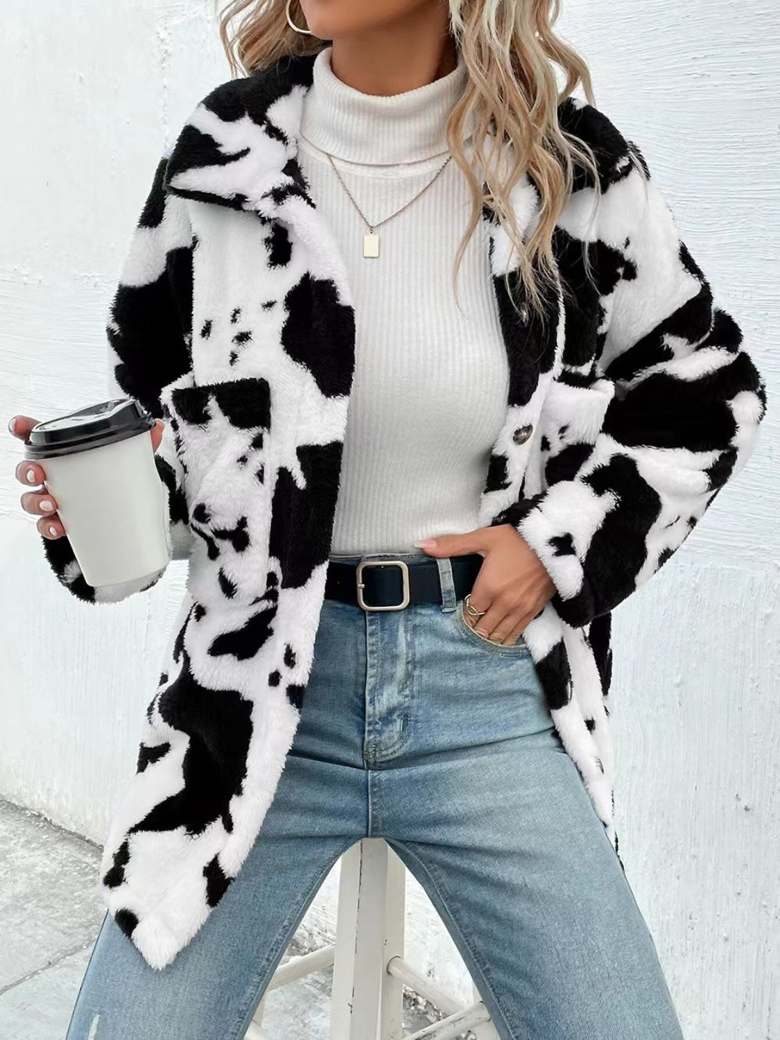 Cow Print Collared Neck Button Up Fuzzy Jacket-Angel Casuals
