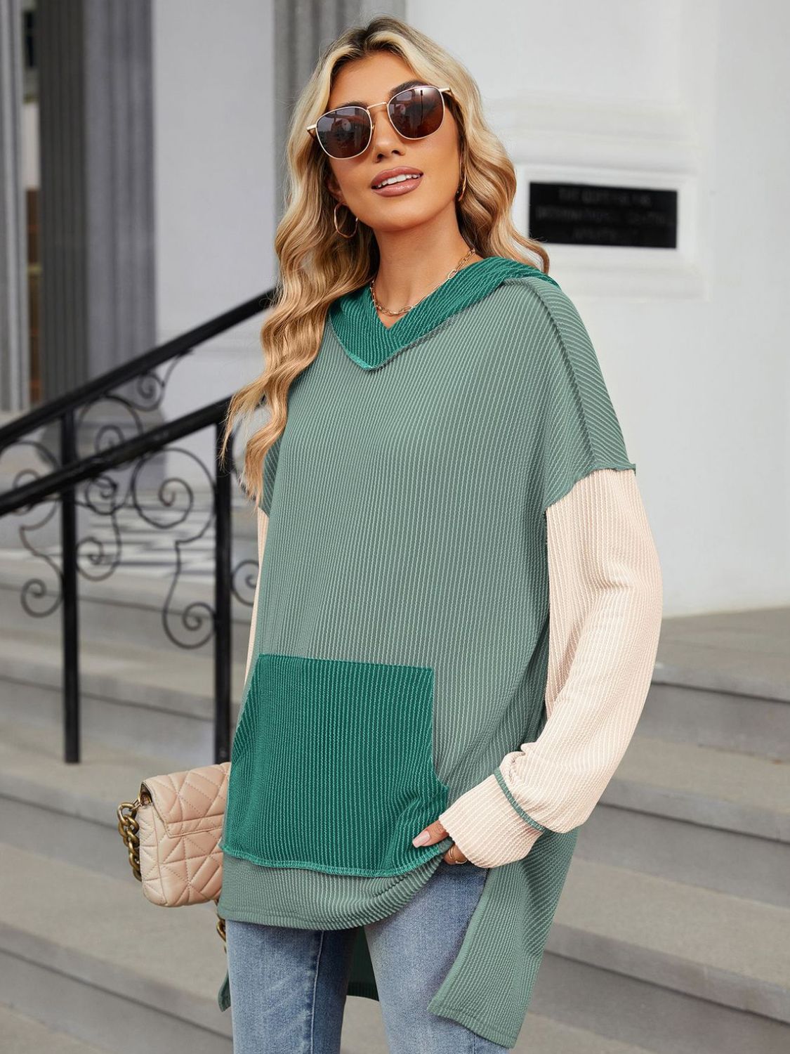 Double Take Contrast Hooded Long Sleeve Top-Angel Casuals