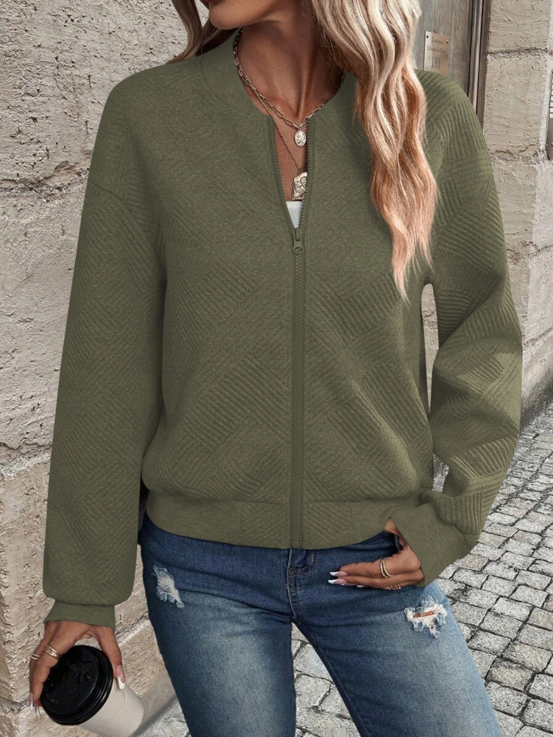 Textured Zip Up Long Sleeve Jacket-Angel Casuals