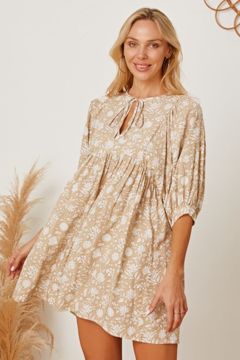 Floral Tie Neck Ruched Babydoll Dress-Angel Casuals