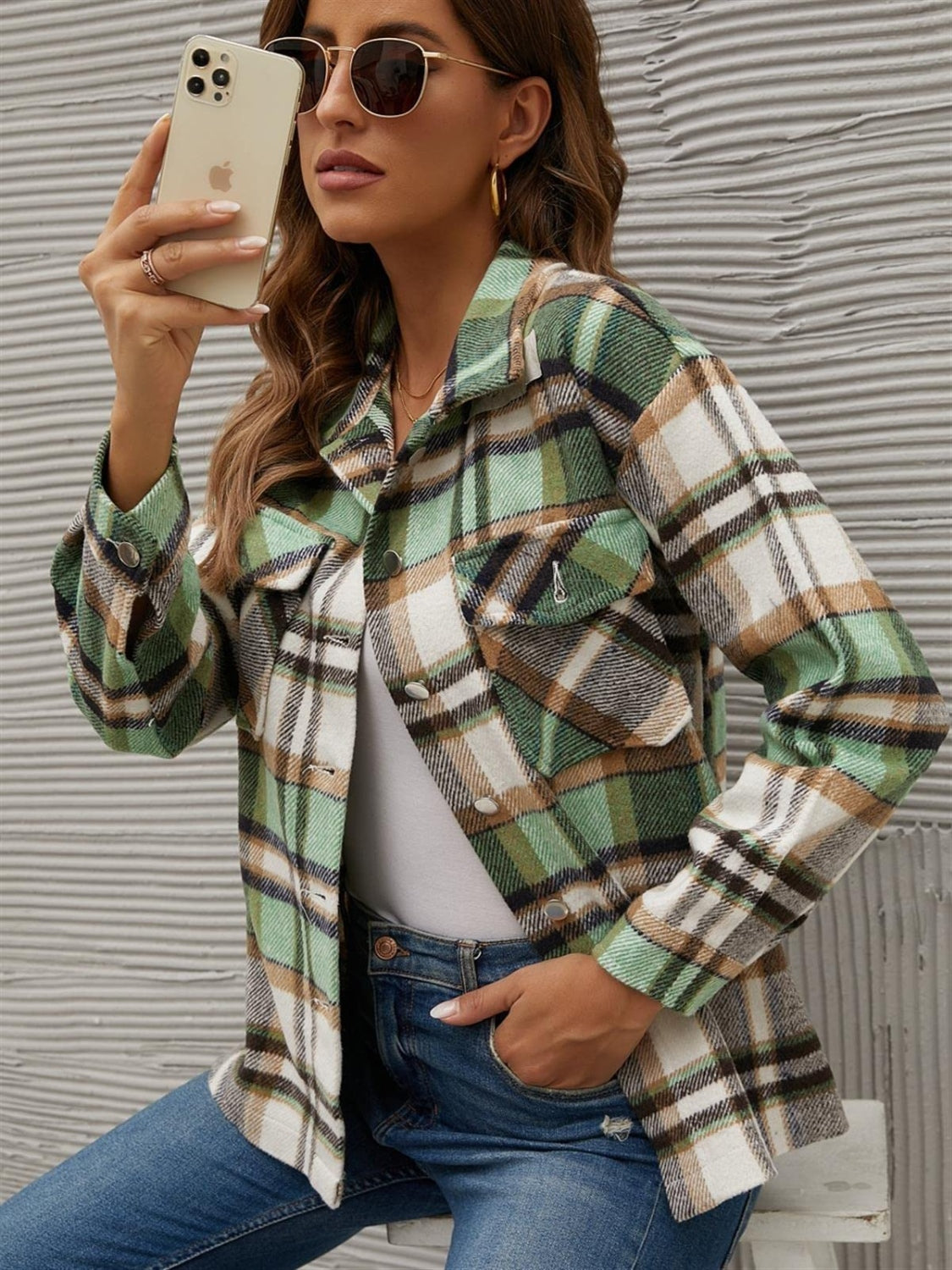 Plaid Collared Neck Long Sleeve Jacket-Angel Casuals
