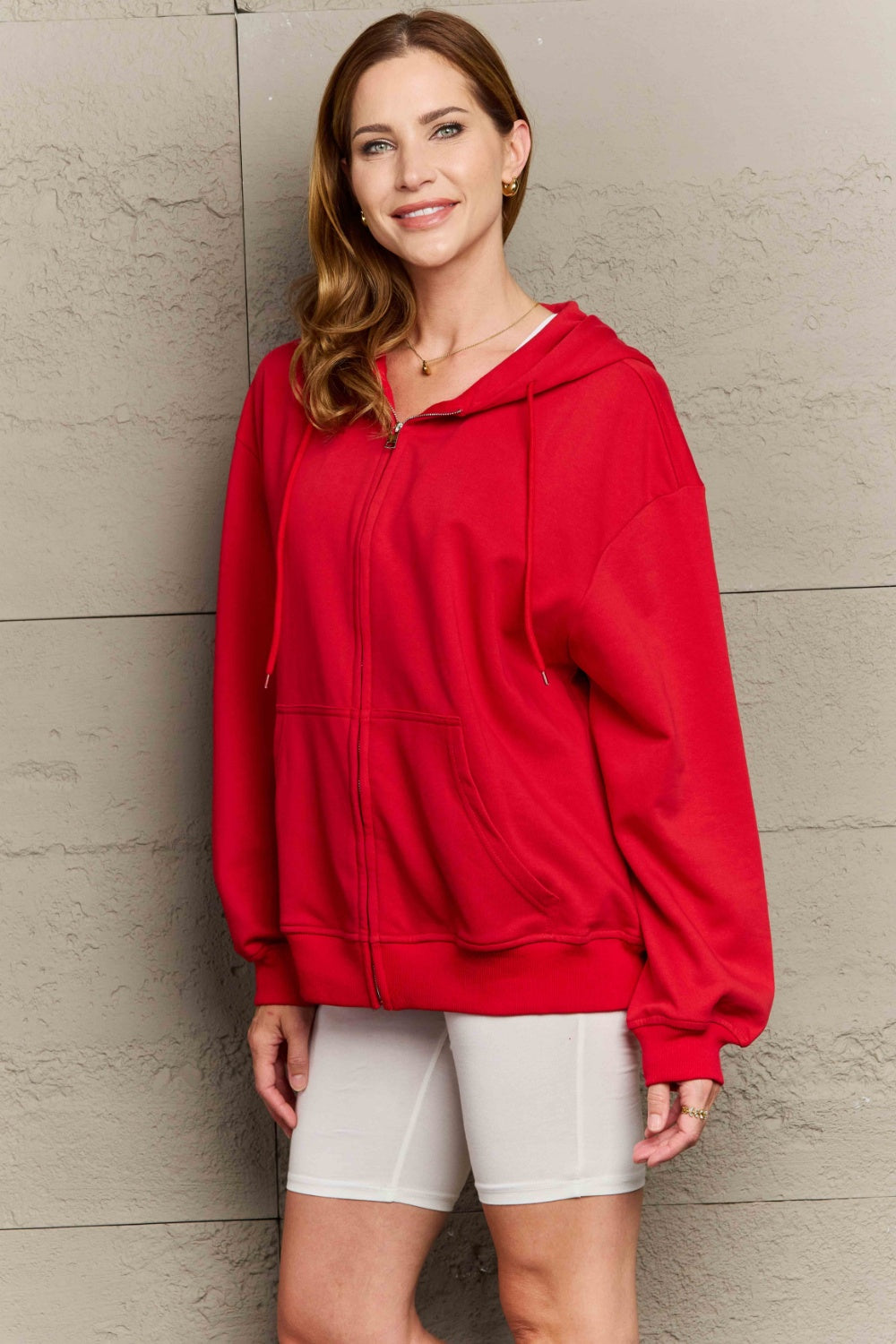 Full Size Zip Up Long Sleeve Hooded Jacket-Angel Casuals