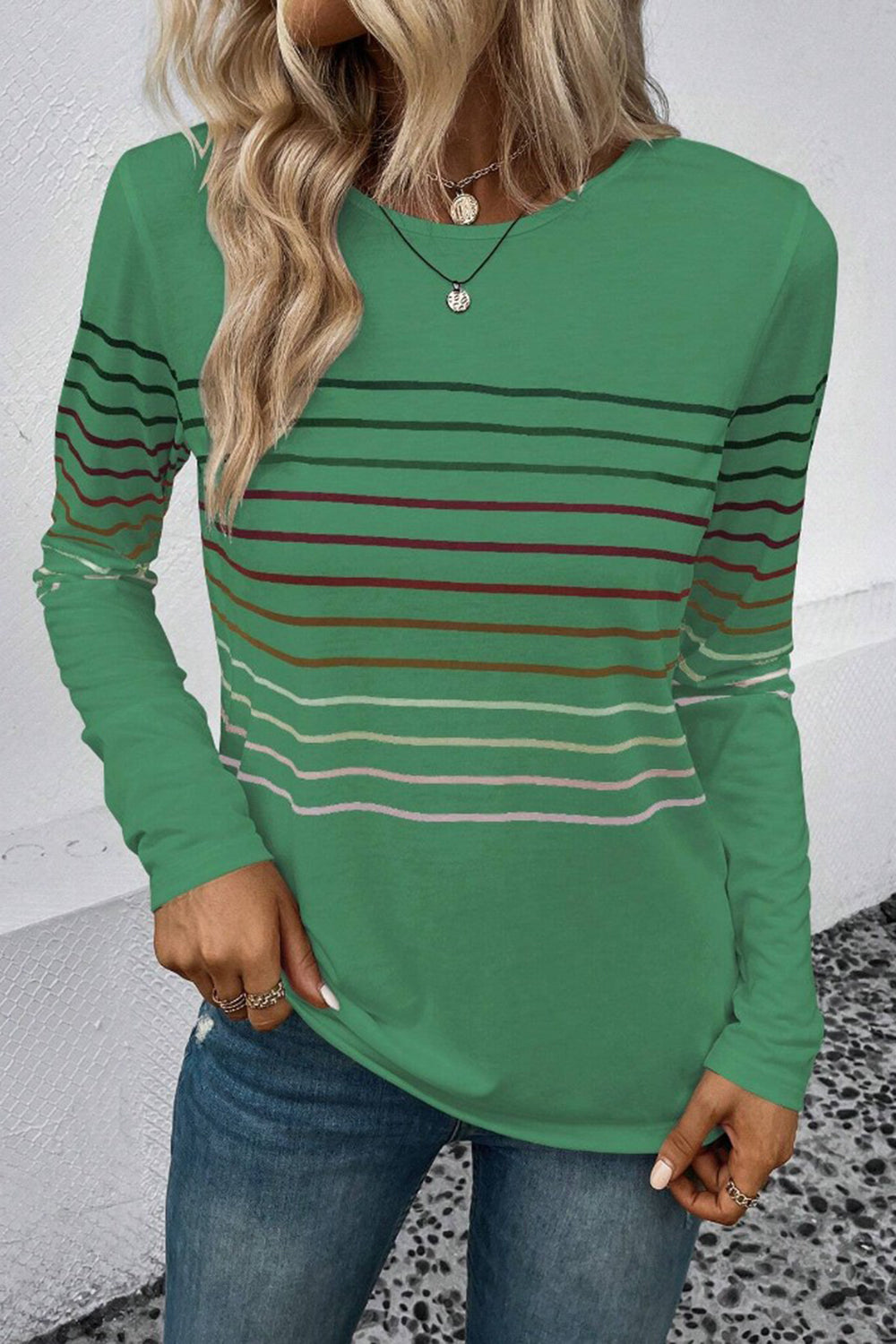 Striped Round Neck Long Sleeve T-Shirt-Angel Casuals