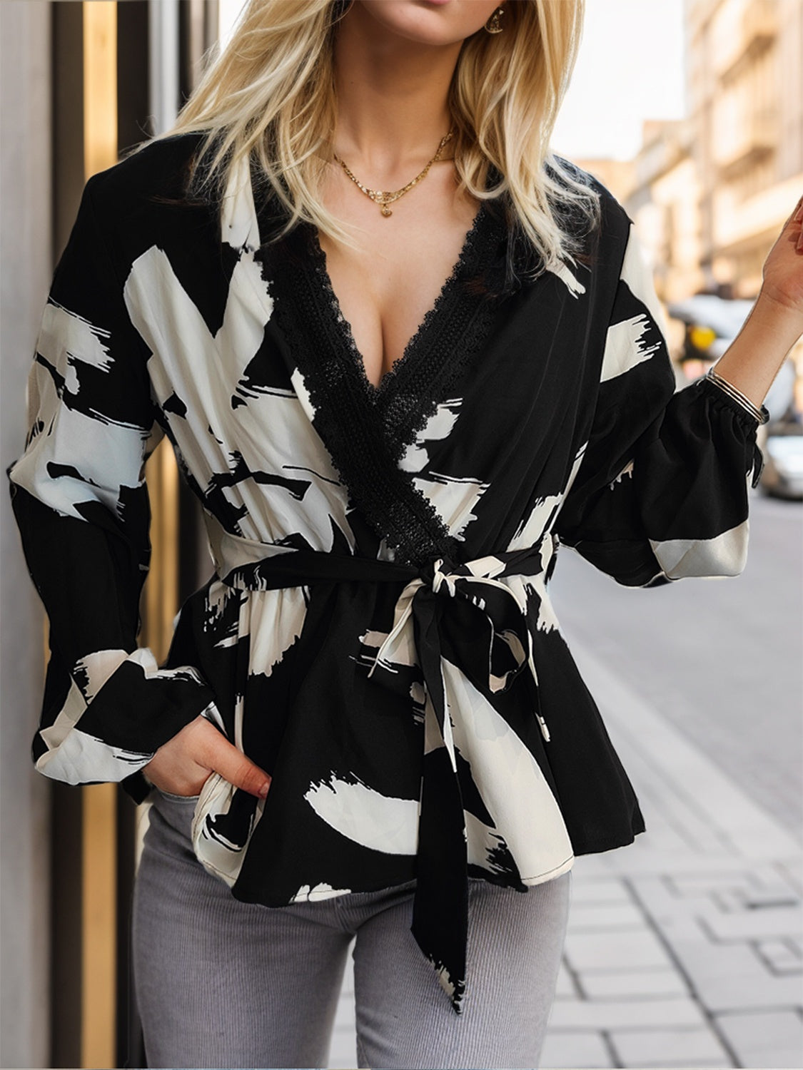 Printed Tie Front Lace Detail Cardigan-Angel Casuals