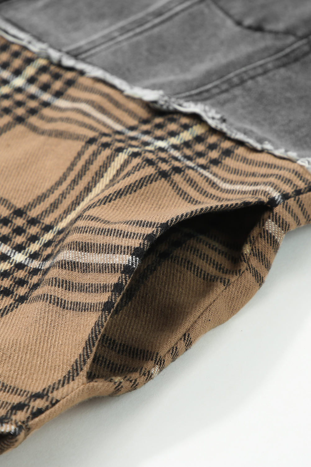 Plaid Raw Hem Button Up Denim Jacket-Angel Casuals