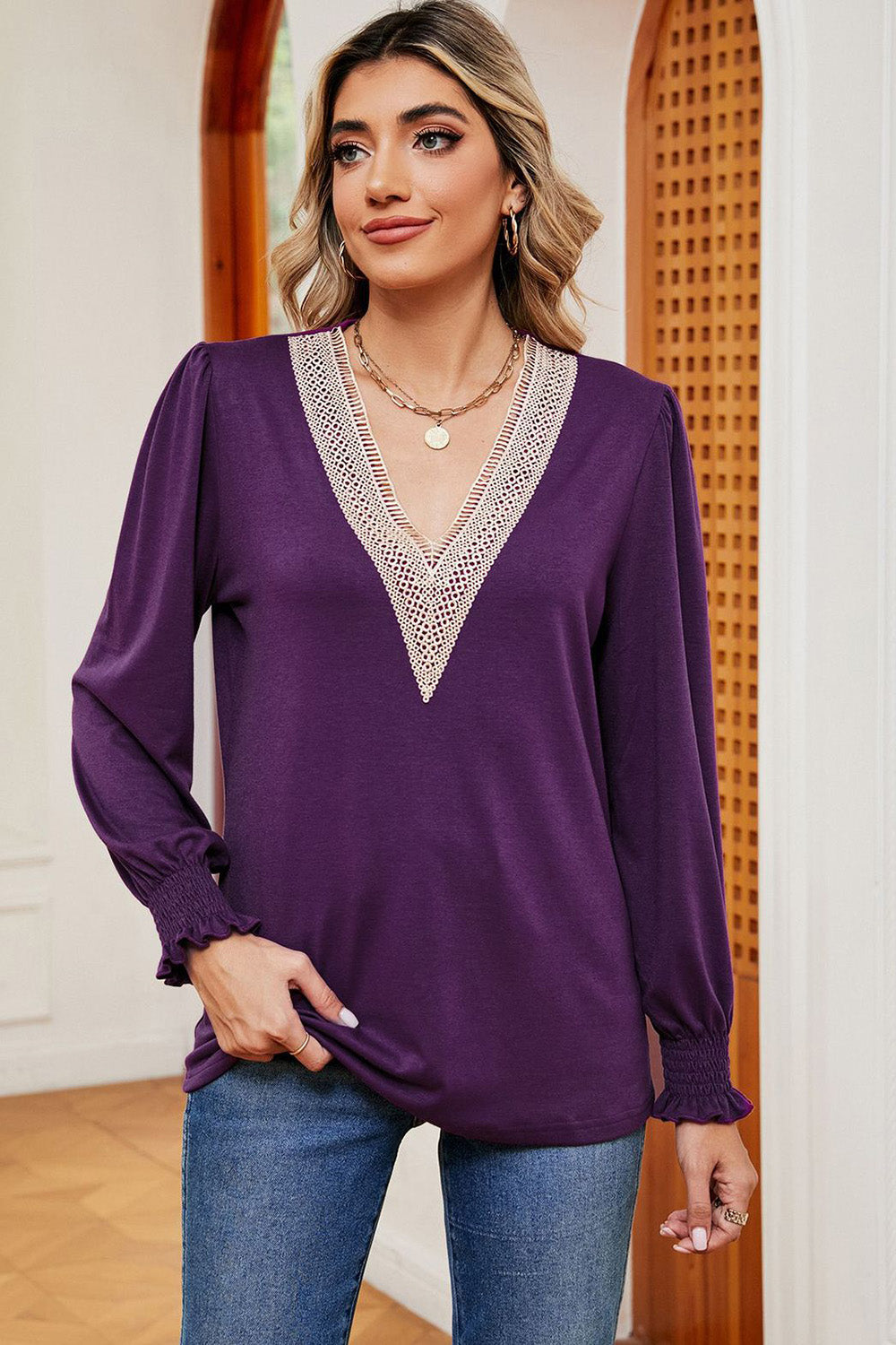 Lace Detail V-Neck Lantern Sleeve T-Shirt-Angel Casuals