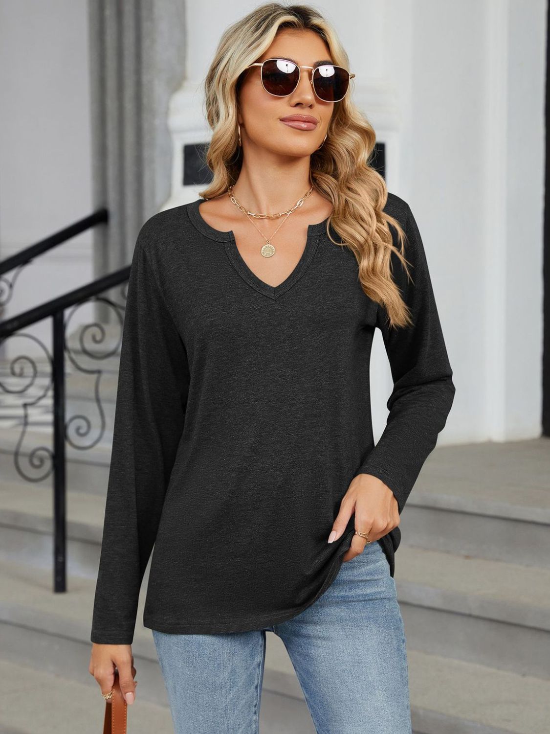 Notched Long Sleeve T-Shirt-Angel Casuals