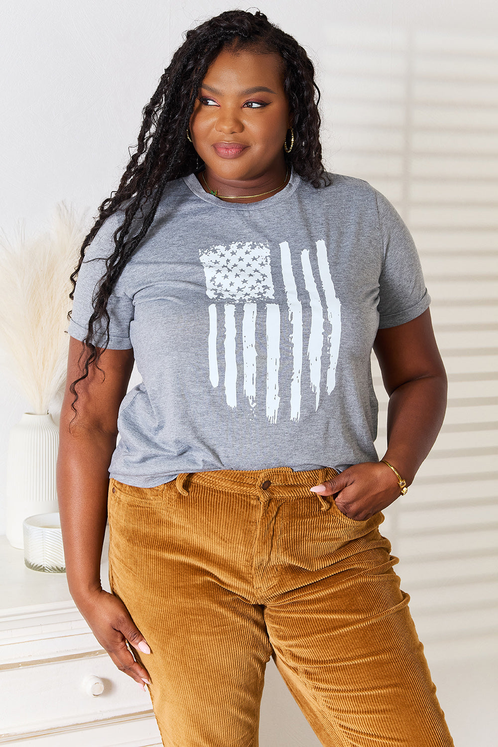 Simply Love US Flag Graphic Cuffed Sleeve T-Shirt-Angel Casuals