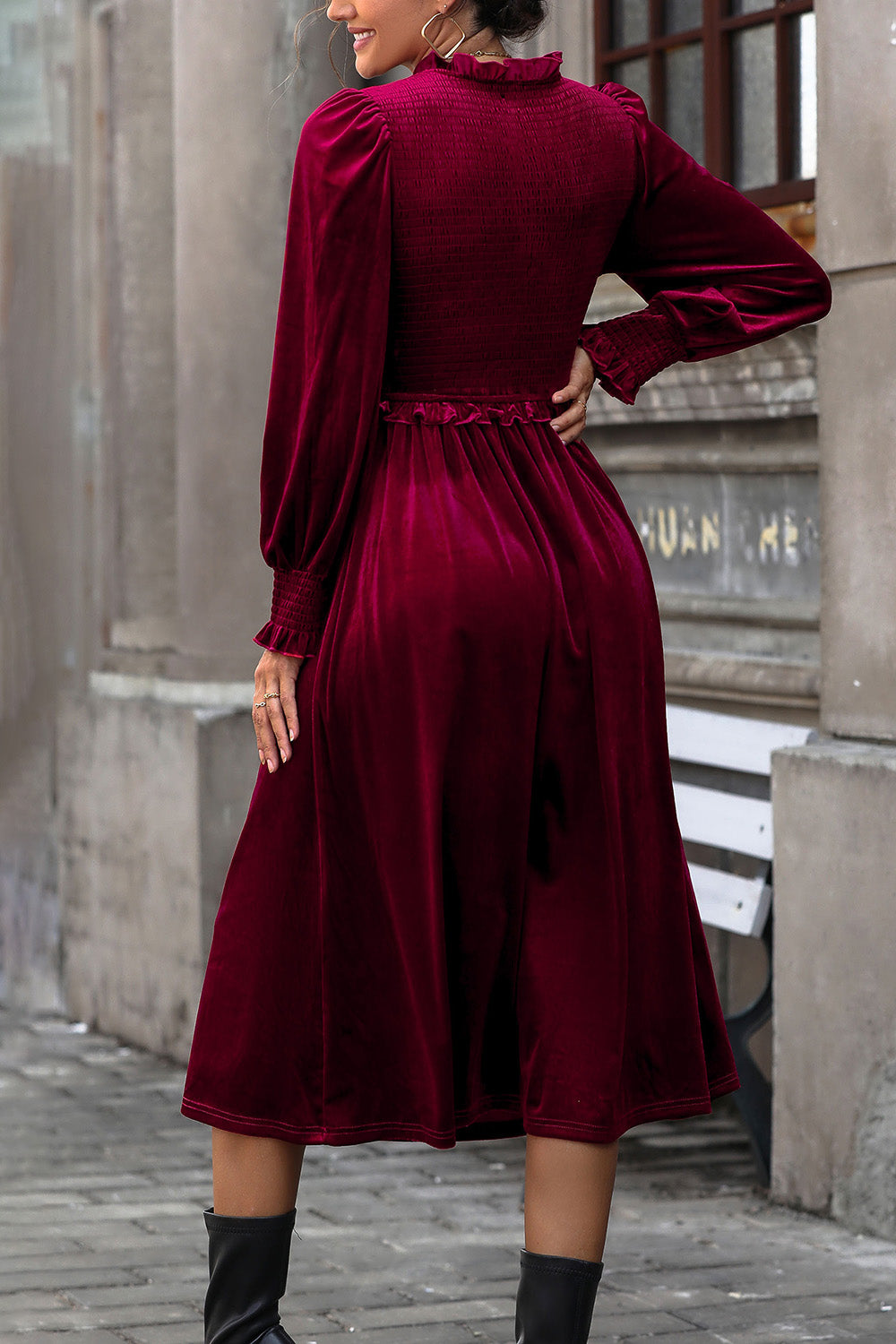 Smocked Lantern Sleeve Midi Dress-Angel Casuals