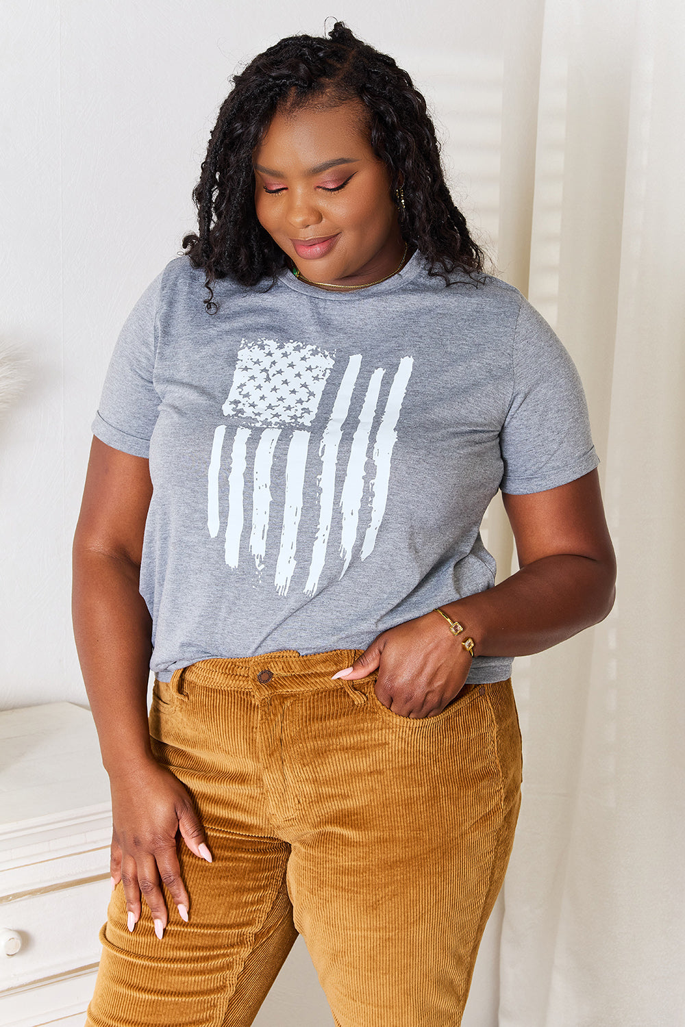 Simply Love US Flag Graphic Cuffed Sleeve T-Shirt-Angel Casuals