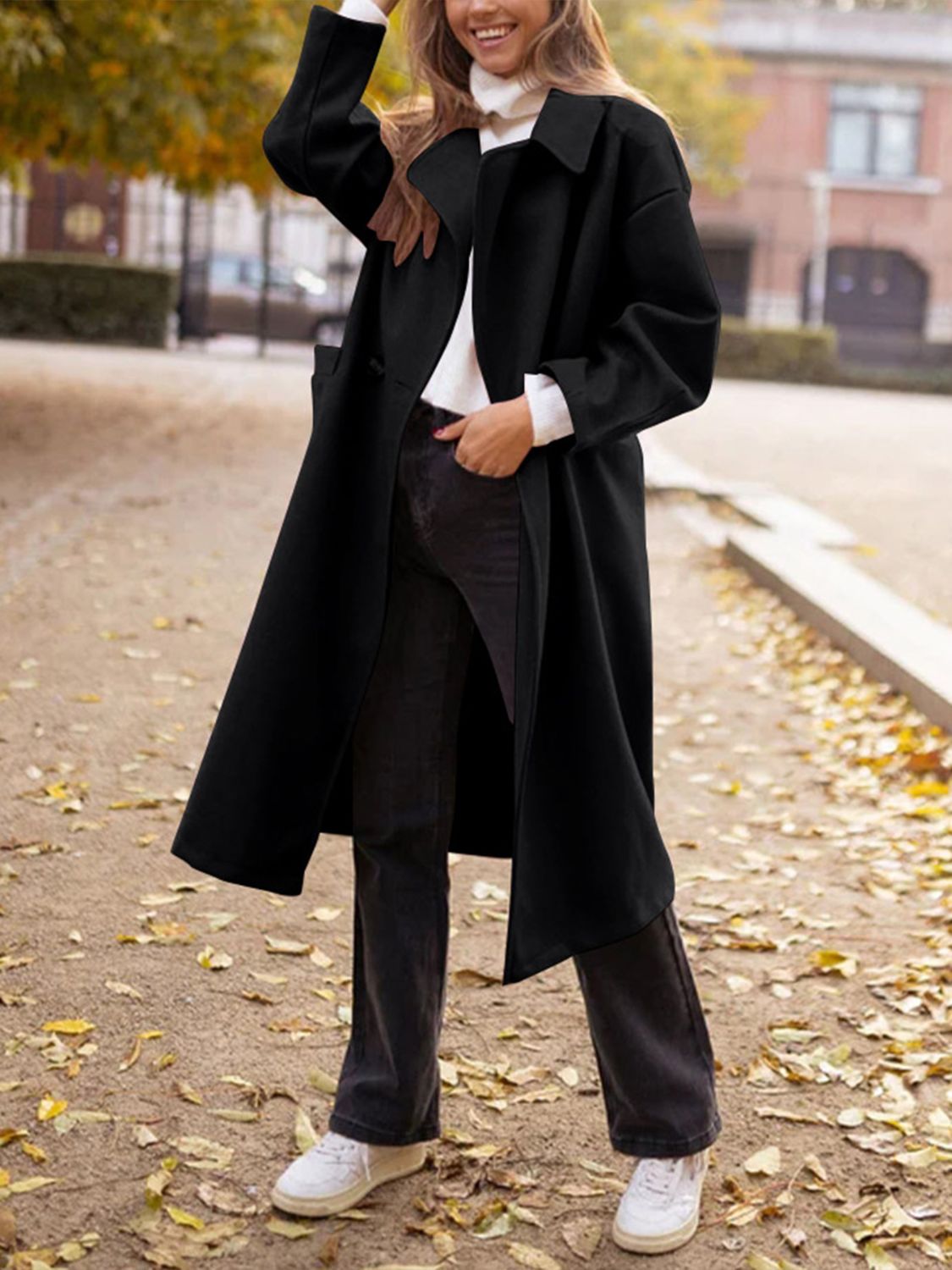 Pocketed Collared Neck Long Sleeve Coat-Angel Casuals