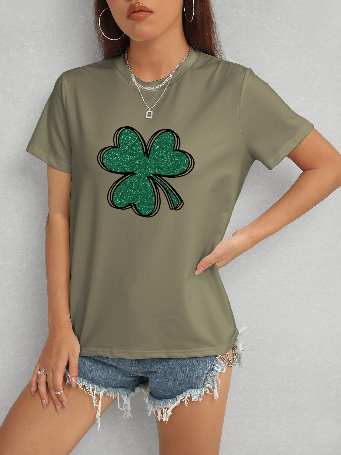 Lucky Clover Round Neck T-Shirt-Angel Casuals
