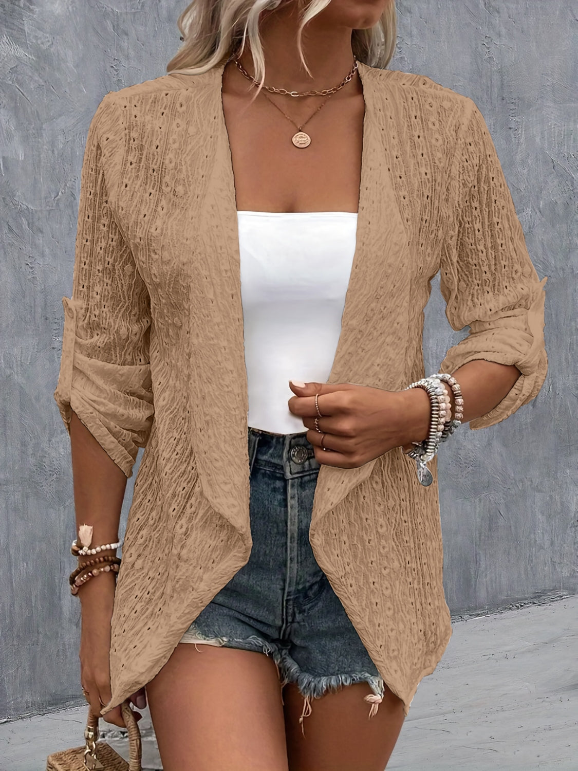 Eyelet Roll-Tab Sleeve Cardigan-Angel Casuals