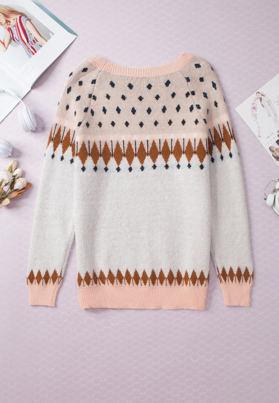 Geometric Contrast Round Neck Long Sleeve Sweater-Angel Casuals