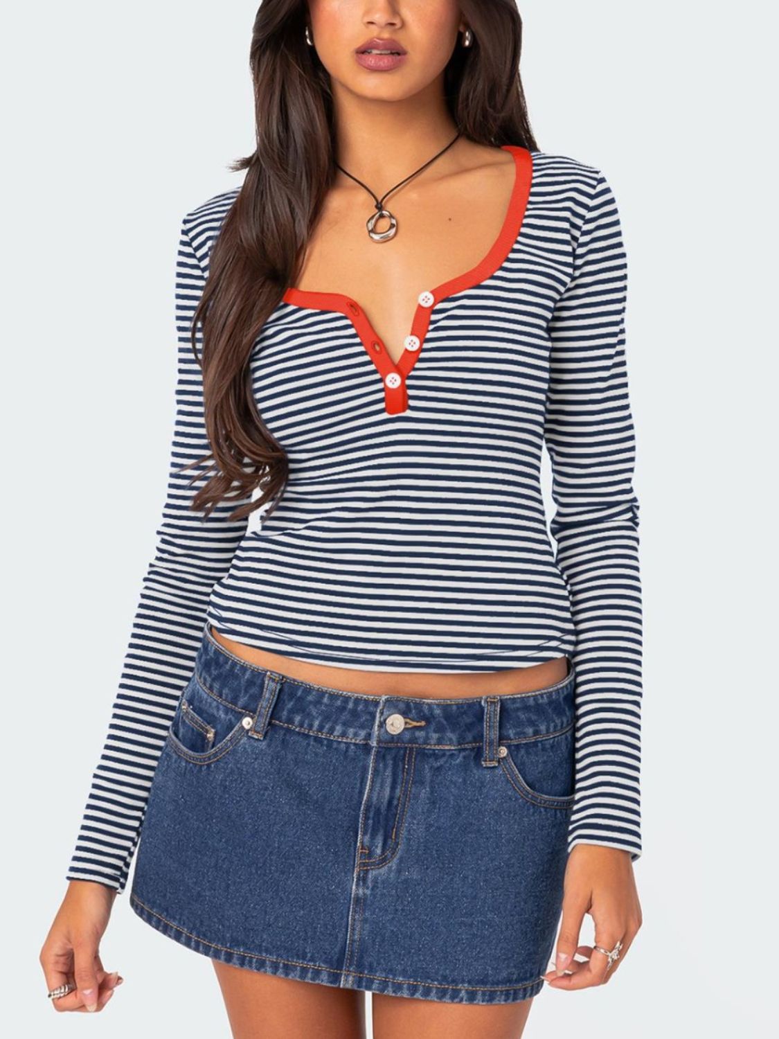 Buttoned Striped Long Sleeve T-Shirt-Angel Casuals