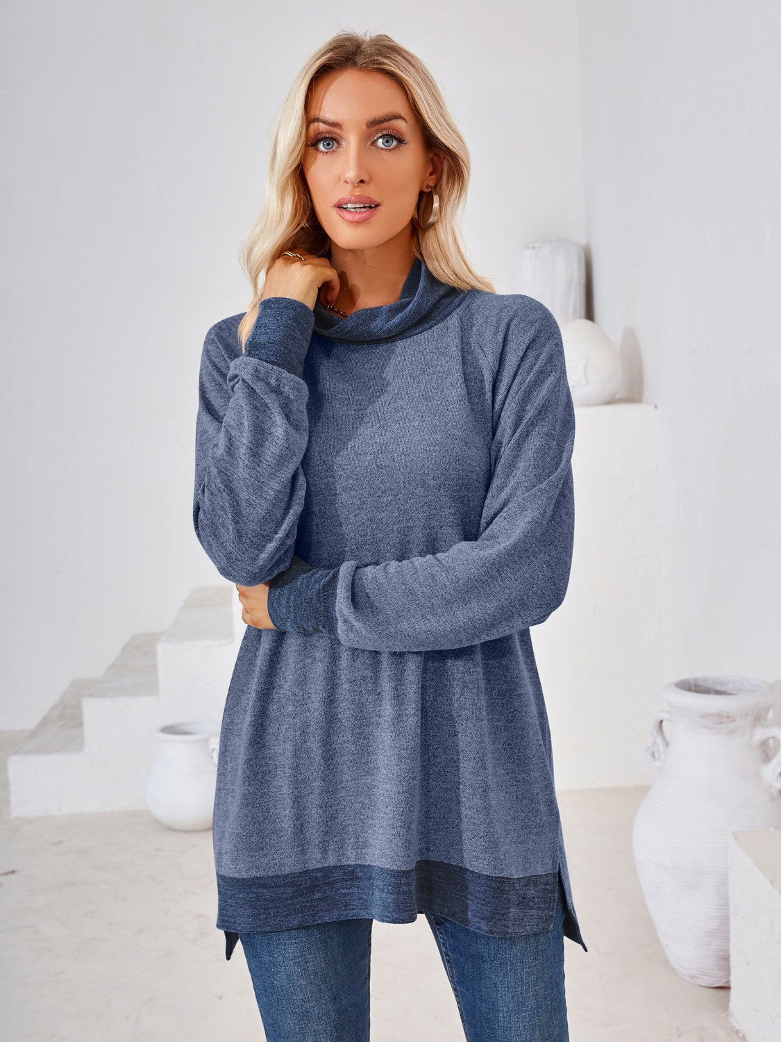 Contrast Mock Neck Long Sleeve T-Shirt-Angel Casuals