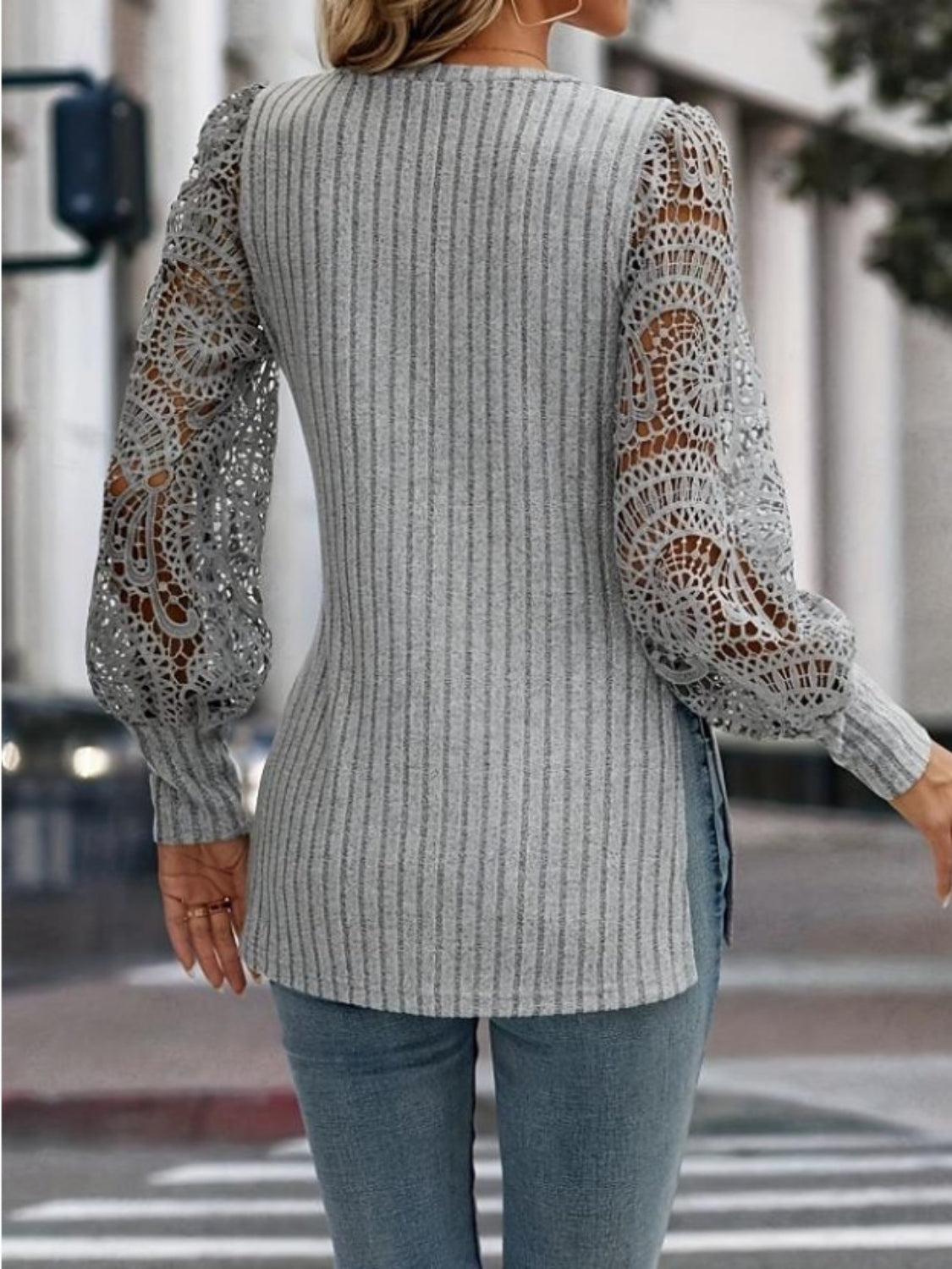 Side Slit V-Neck Lace Long Sleeve T-Shirt-Angel Casuals