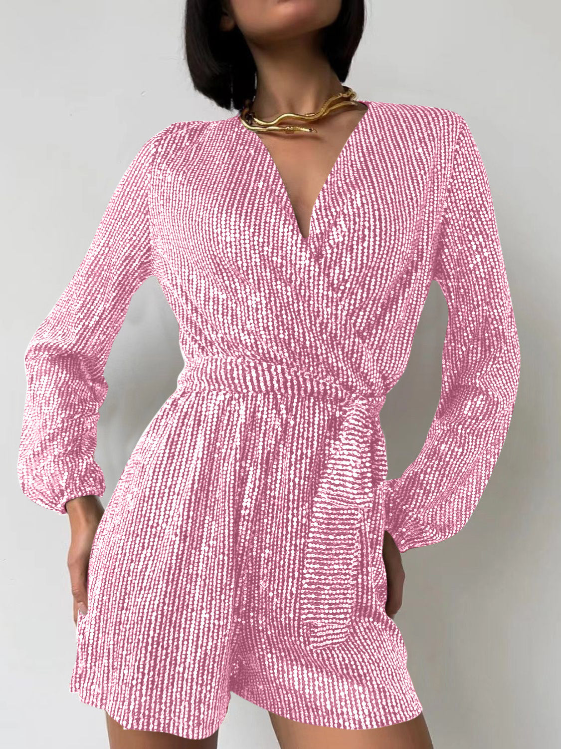 Full Size Sequin Surplice Tie Waist Long Sleeve Romper-Angel Casuals