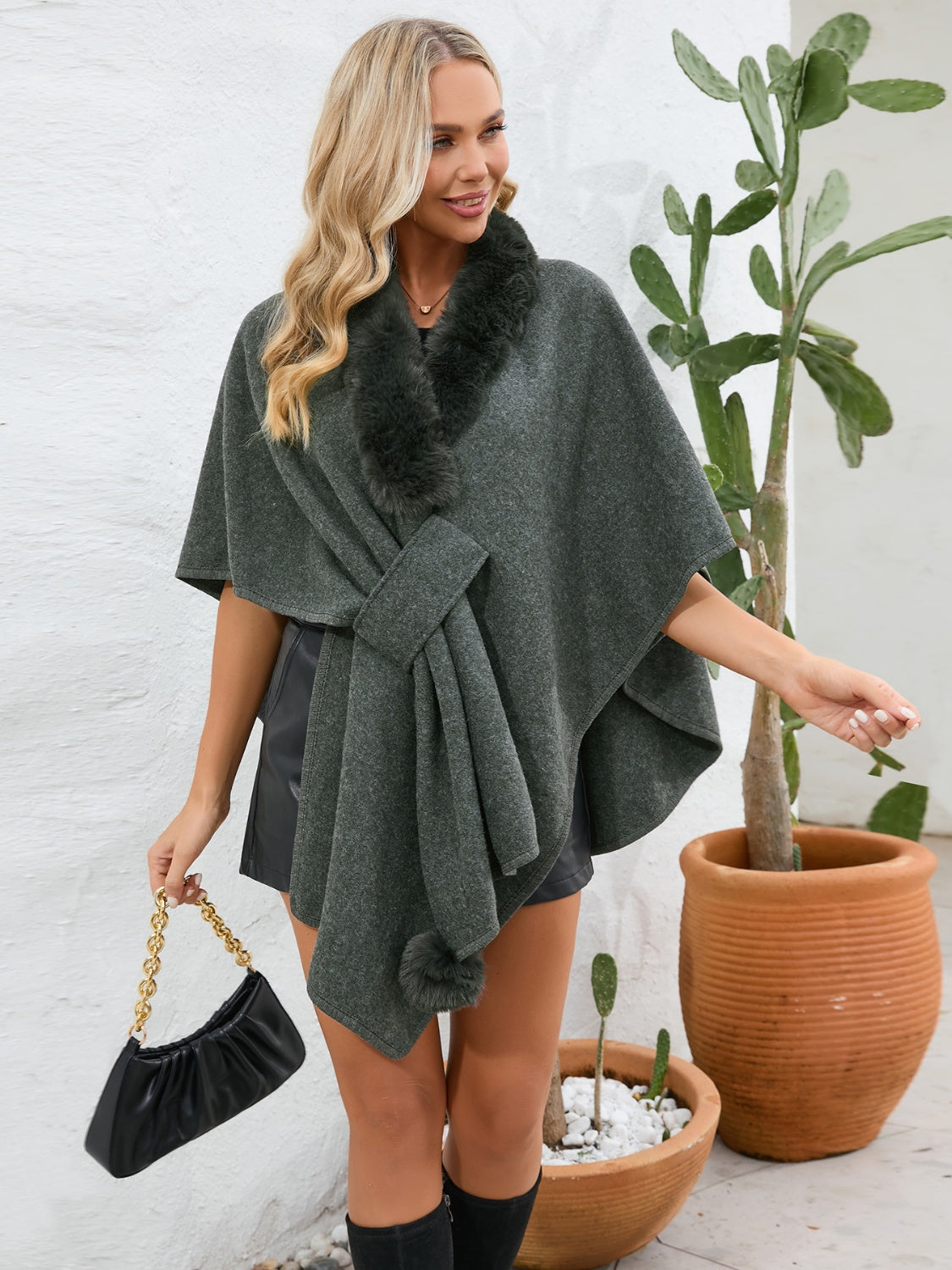 Fuzzy Trim Open Front Poncho-Angel Casuals