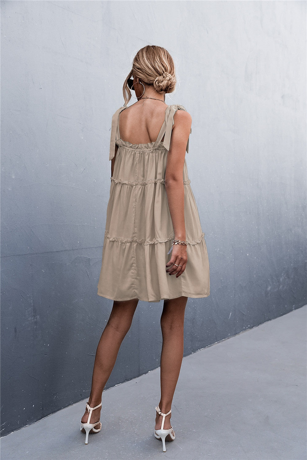Frill Tiered Tie Shoulder Mini Cami Dress-Angel Casuals