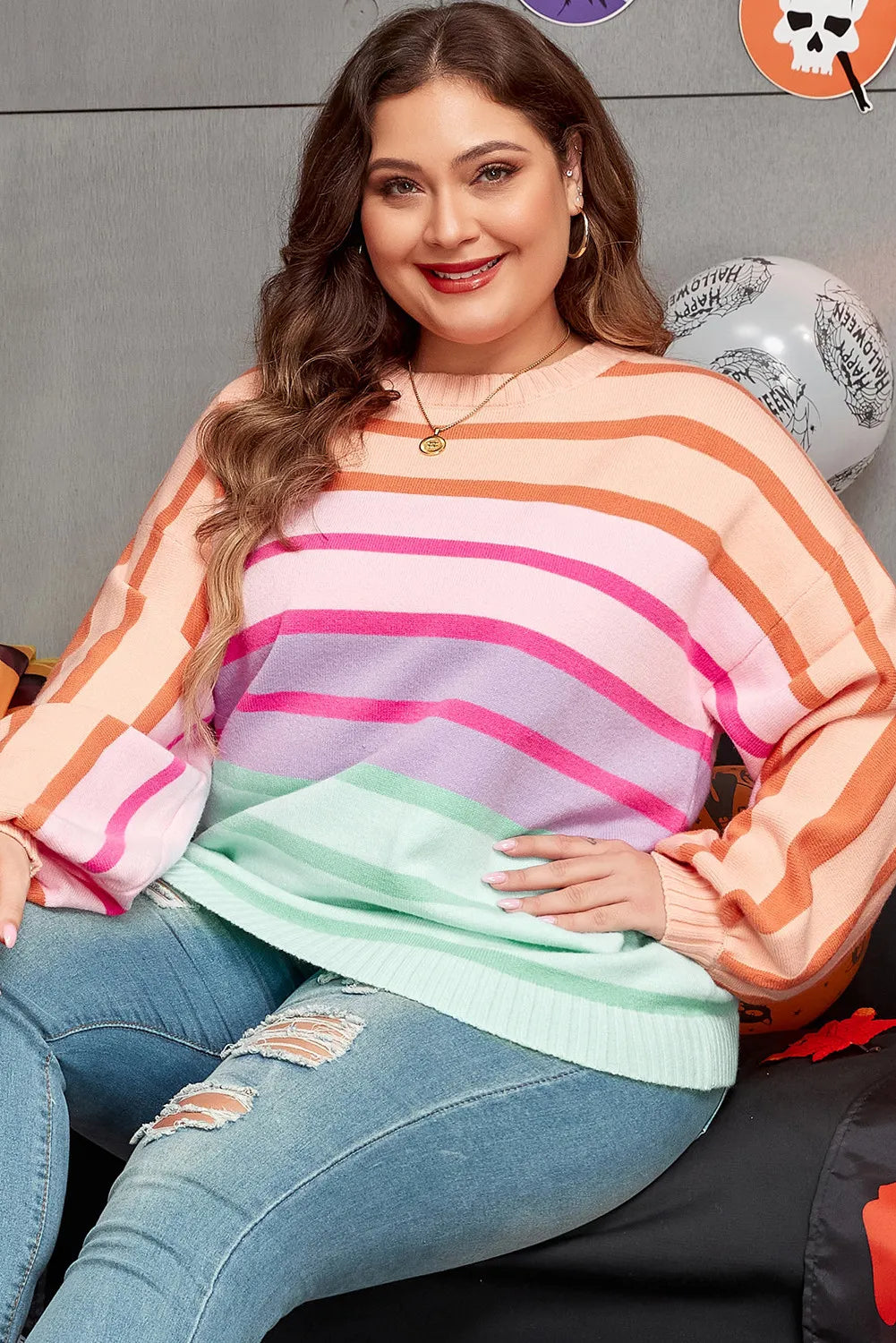 Plus Size Striped Round Neck Long Sleeve Sweater-Angel Casuals