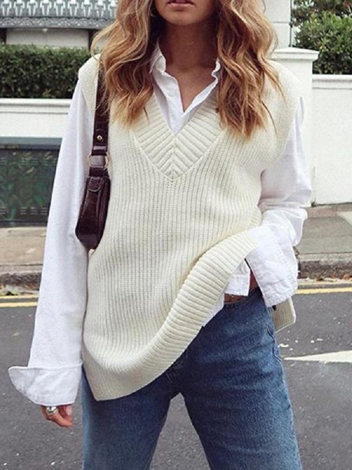 Ribbed V-Neck Sleeveless Sweater Vest-Angel Casuals