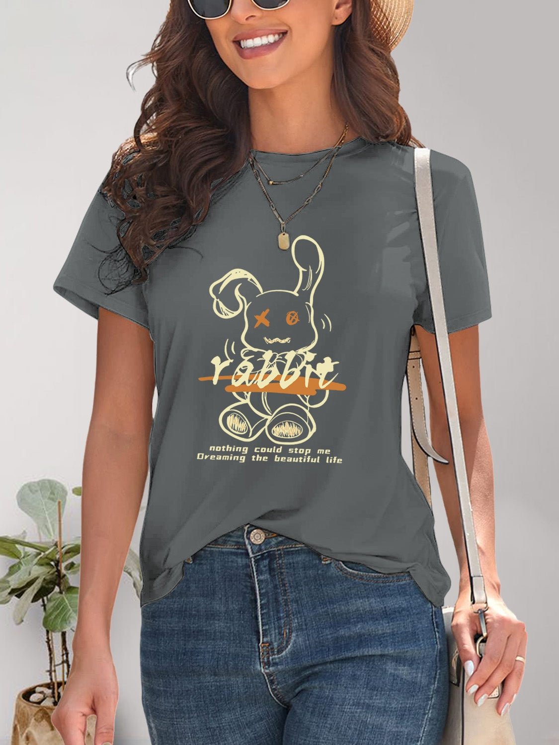 Rabbit Graphic Round Neck Short Sleeve T-Shirt-Angel Casuals