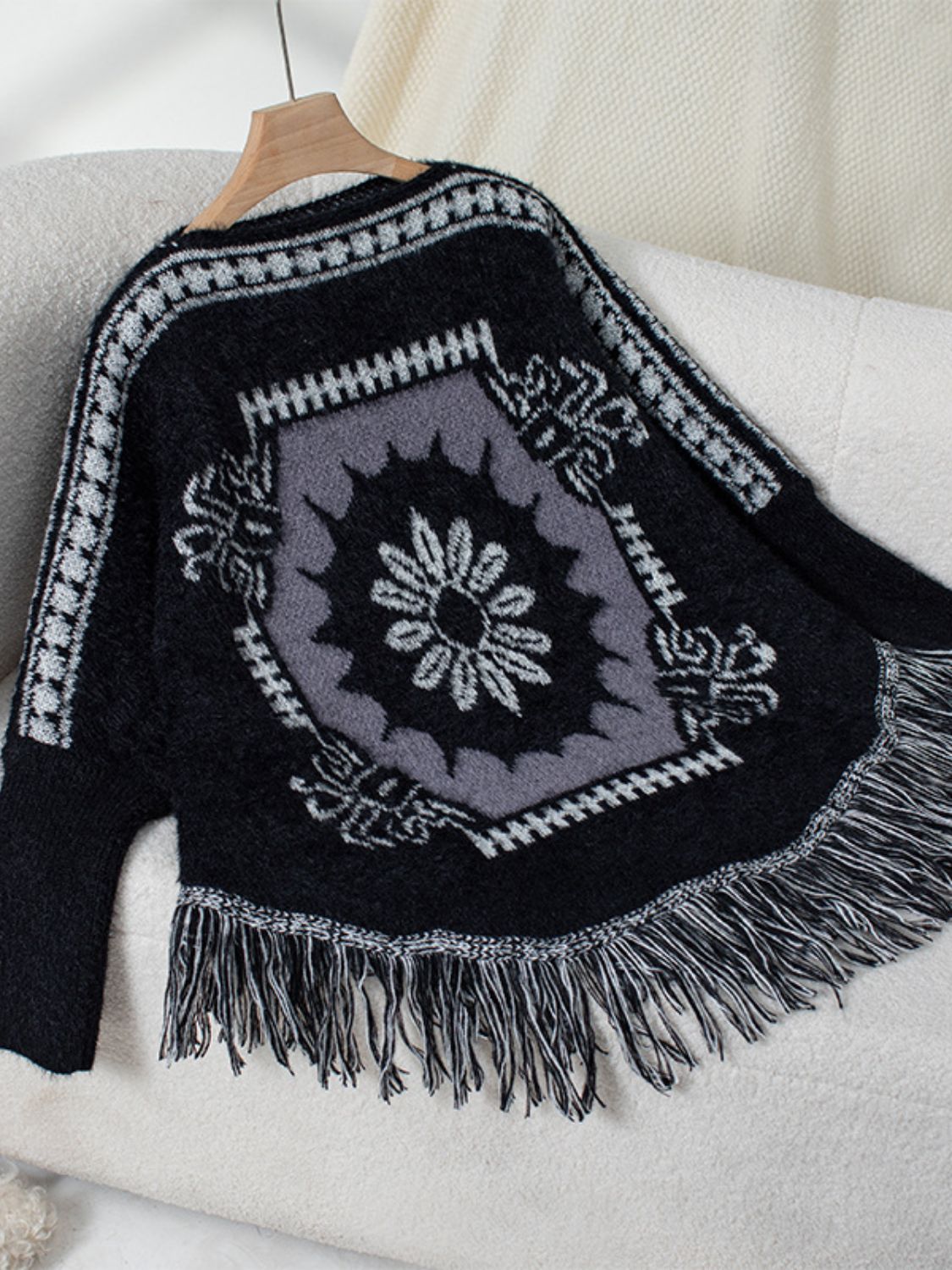 Fringe Geometric Long Sleeve Poncho-Angel Casuals