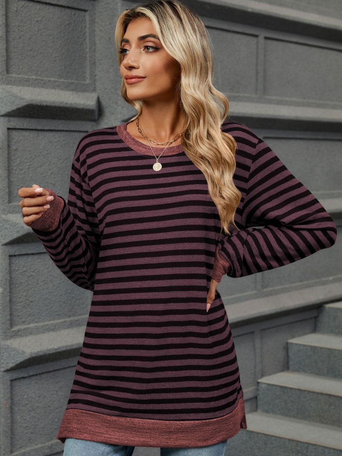 Striped Round Neck Long Sleeve T-Shirt-Angel Casuals