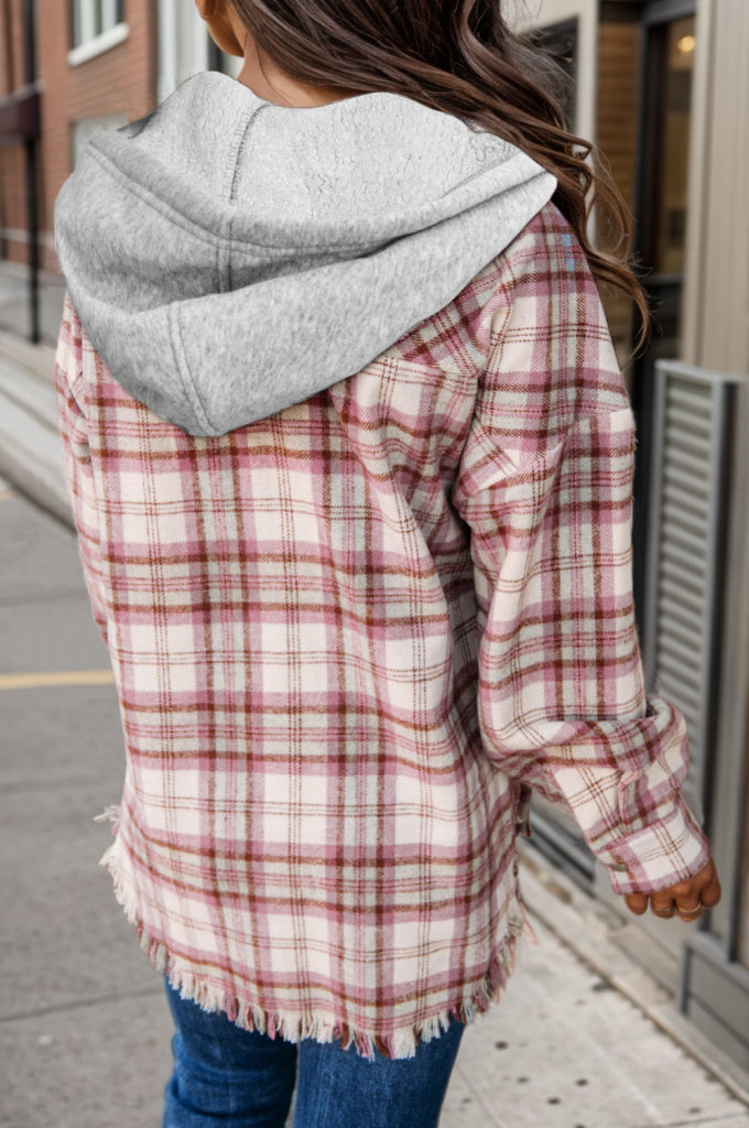 Plaid Raw Hem Drawstring Hooded Jacket-Angel Casuals