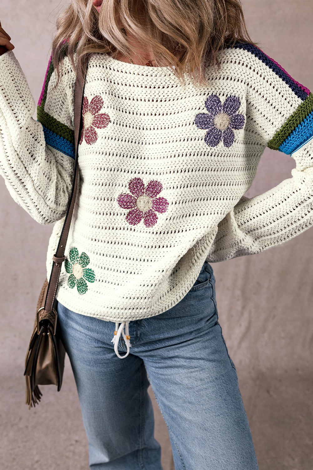 Flower Round Neck Long Sleeve Sweater-Angel Casuals