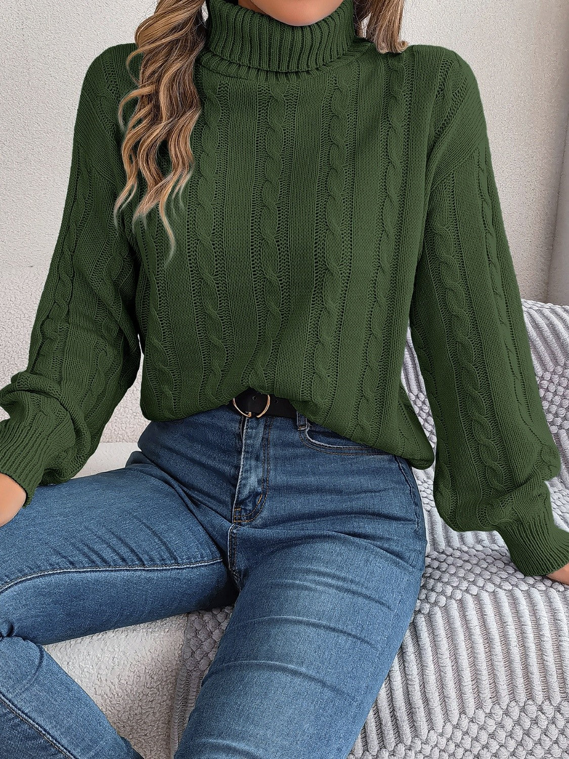 Cable-Knit Turtleneck Dropped Shoulder Sweater-Angel Casuals