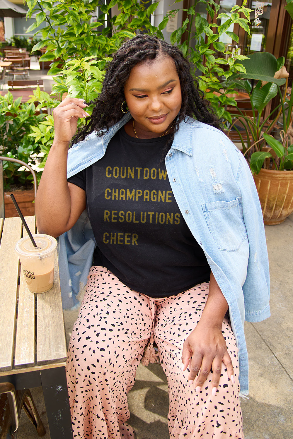 Simply Love Full Size COUNTDOWNS CHAMPAGNE RESOLUTIONS & CHEER Round Neck T-Shirt-Angel Casuals