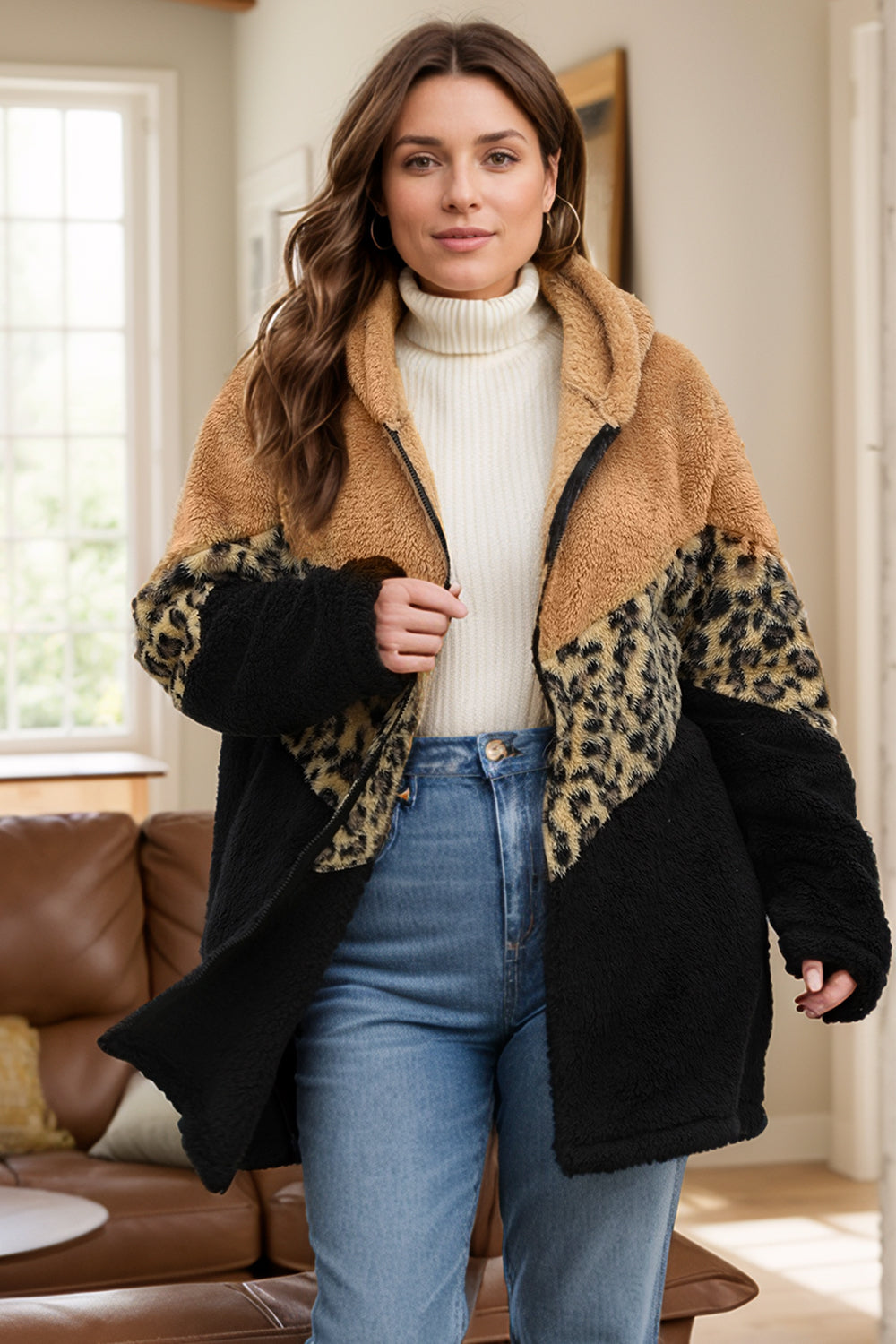 Plus Size Leopard Zip Up Hooded Outerwear-Angel Casuals