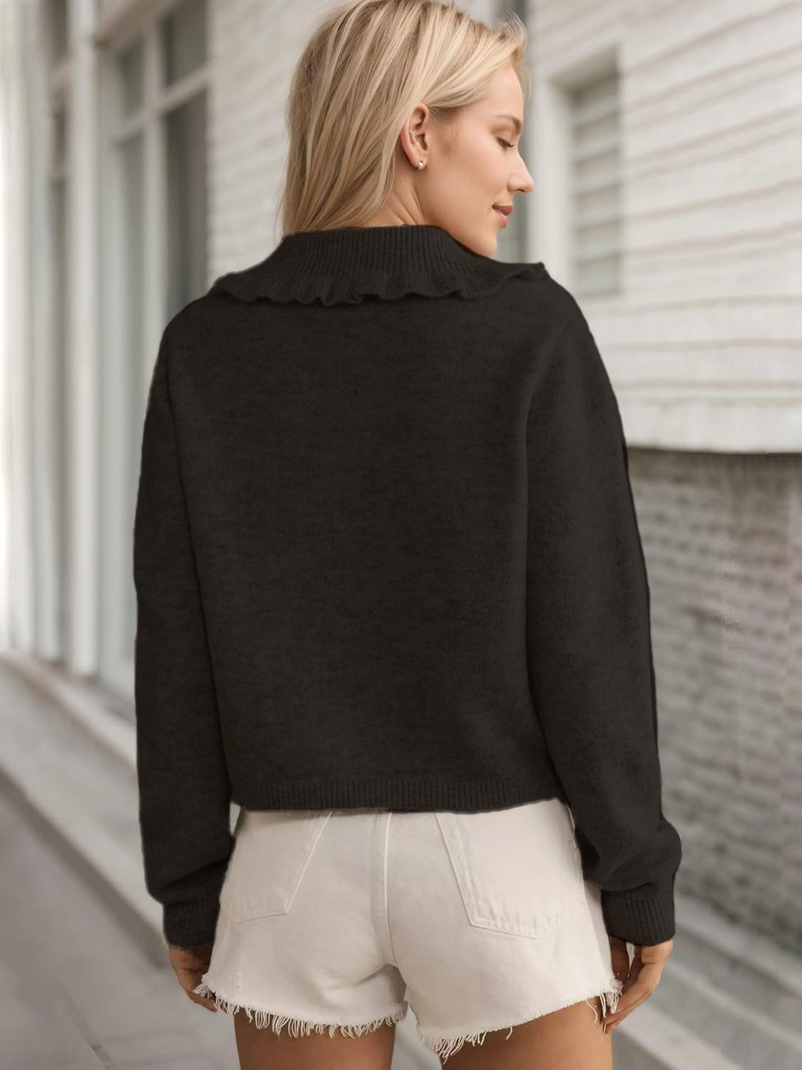 Frill Button Up Collared Neck Long Sleeve Cardigan-Angel Casuals