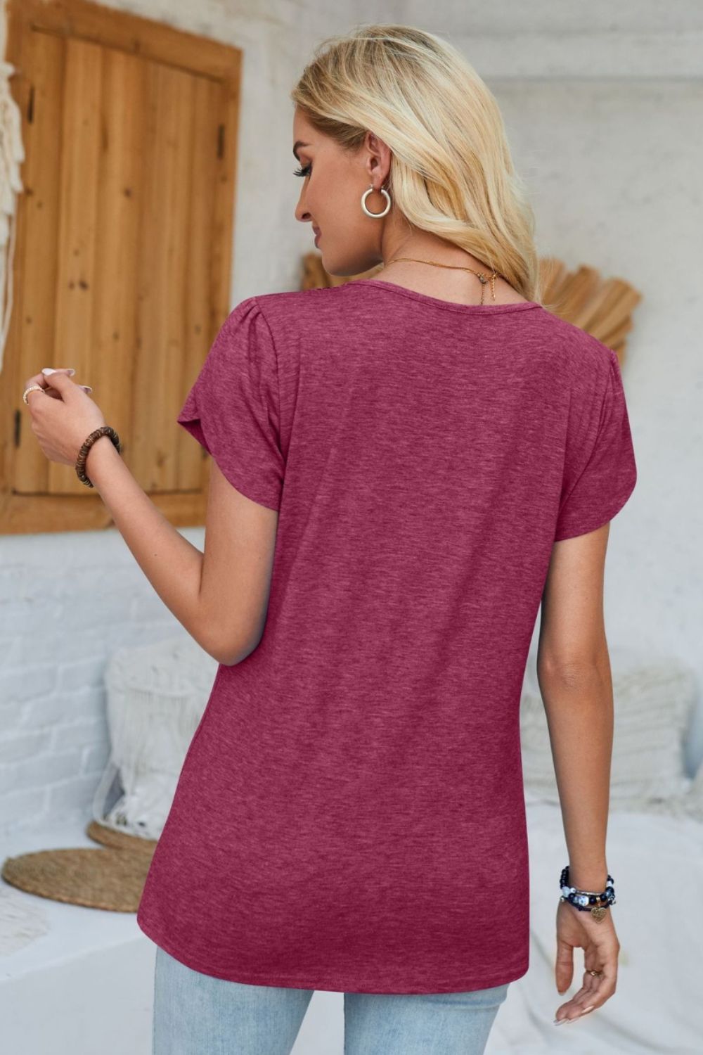 V-Neck Petal Sleeve T-Shirt-Angel Casuals